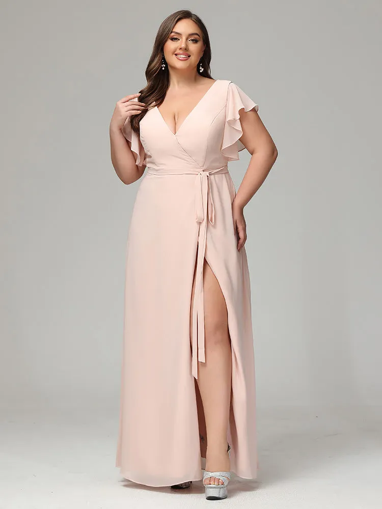 Ruffles Sleeves Chiffon Plus Size Bridesmaid Dresses