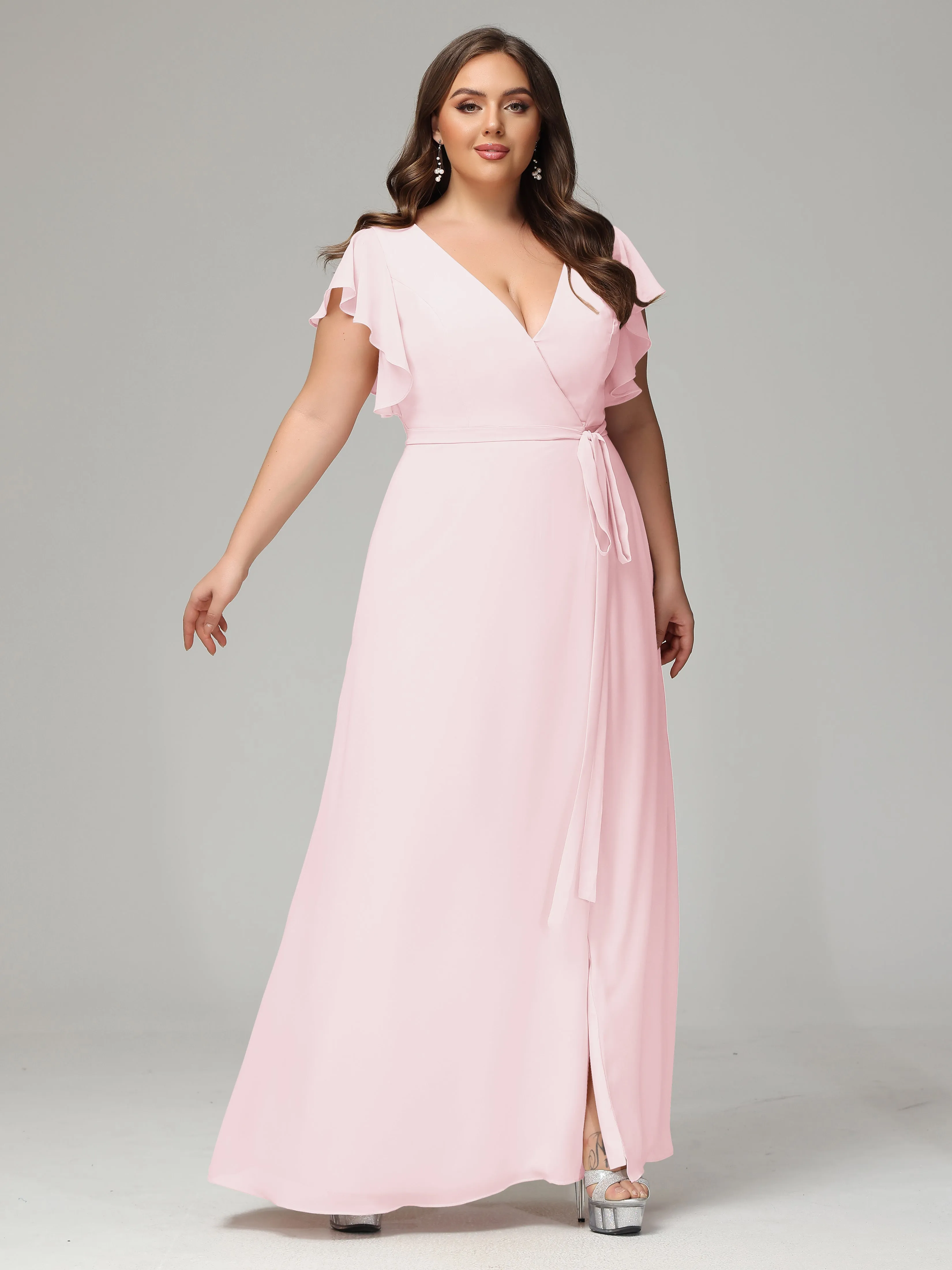 Ruffles Sleeves Chiffon Plus Size Bridesmaid Dresses