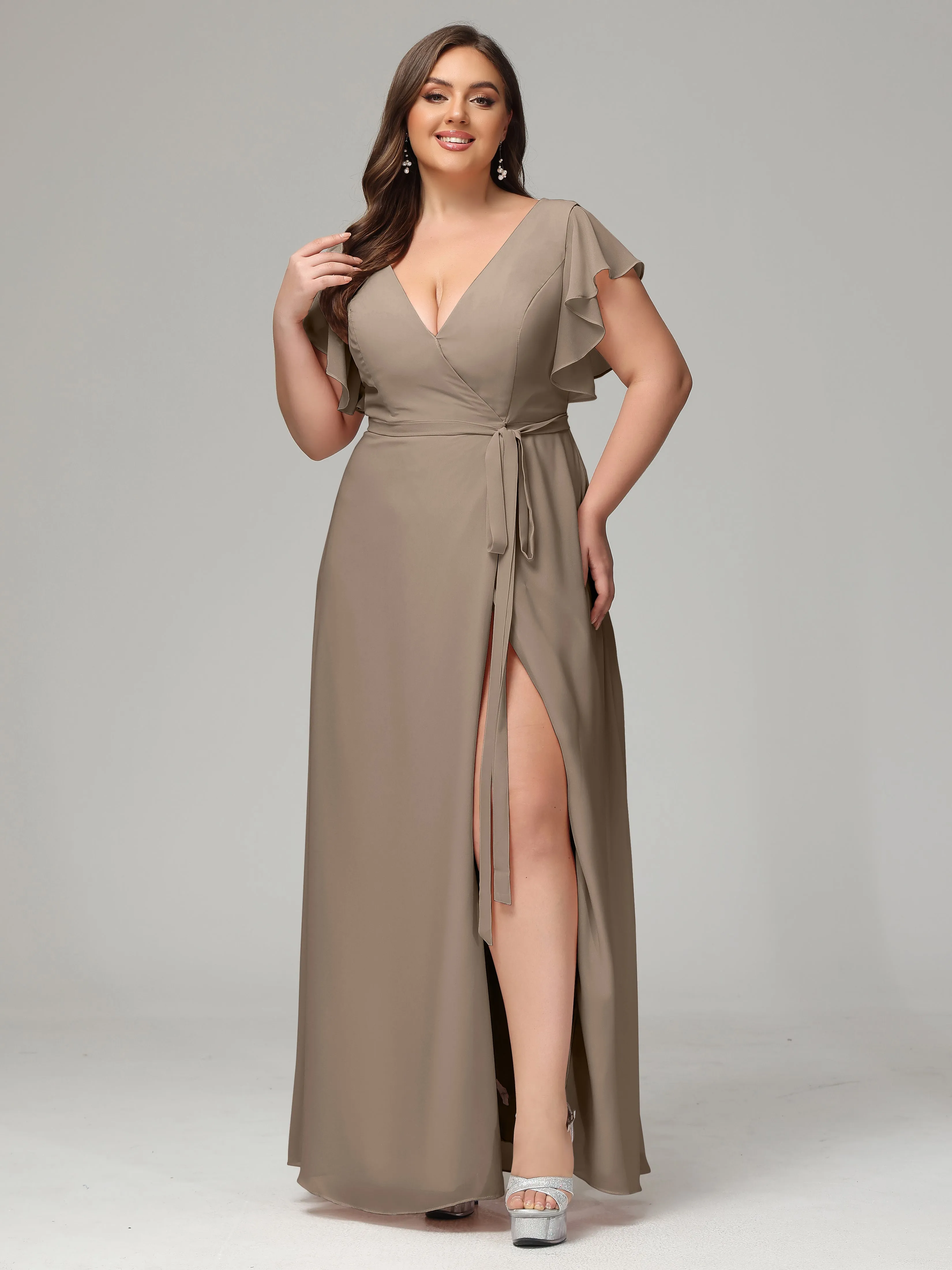 Ruffles Sleeves Chiffon Plus Size Bridesmaid Dresses