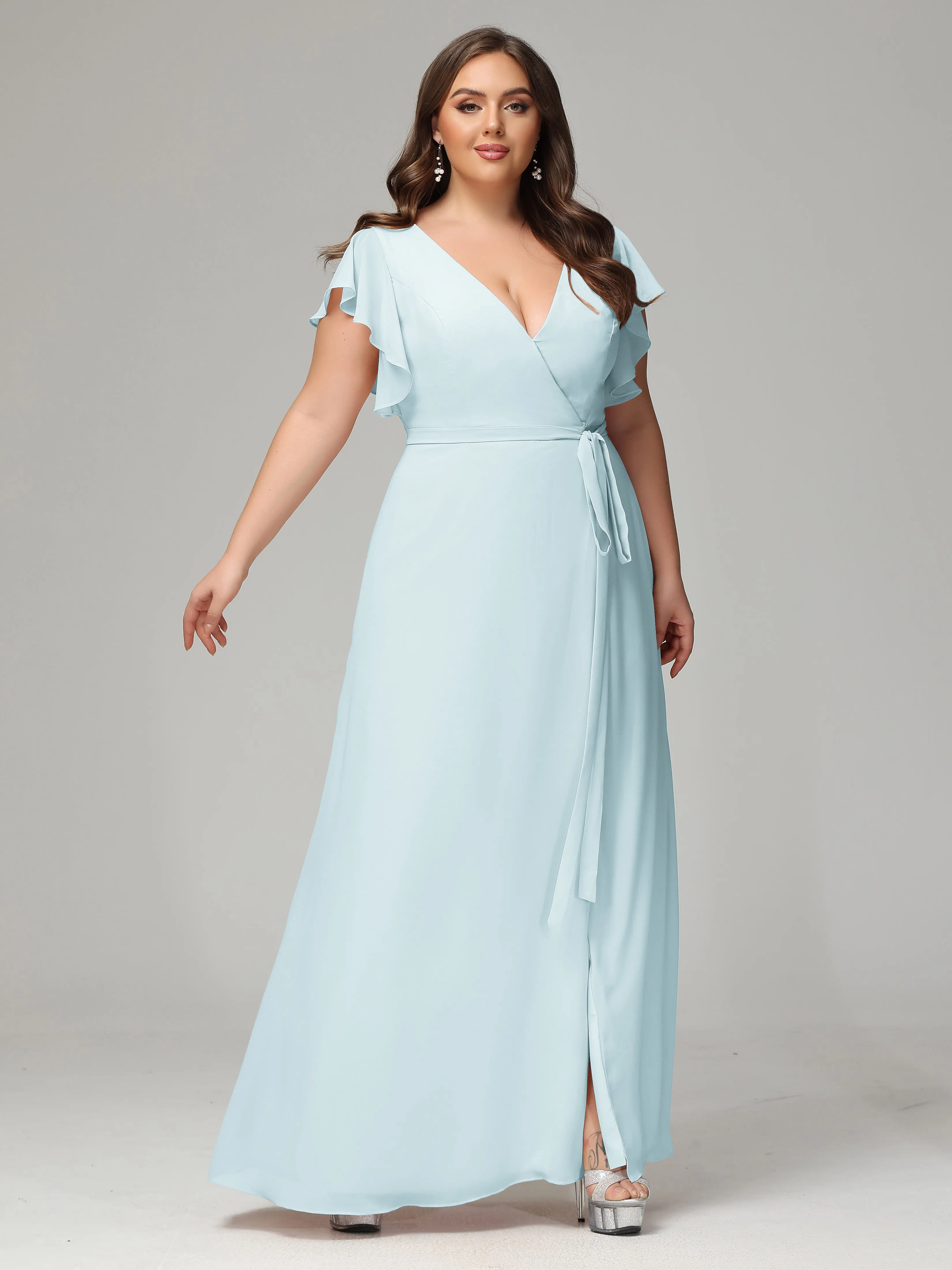 Ruffles Sleeves Chiffon Plus Size Bridesmaid Dresses