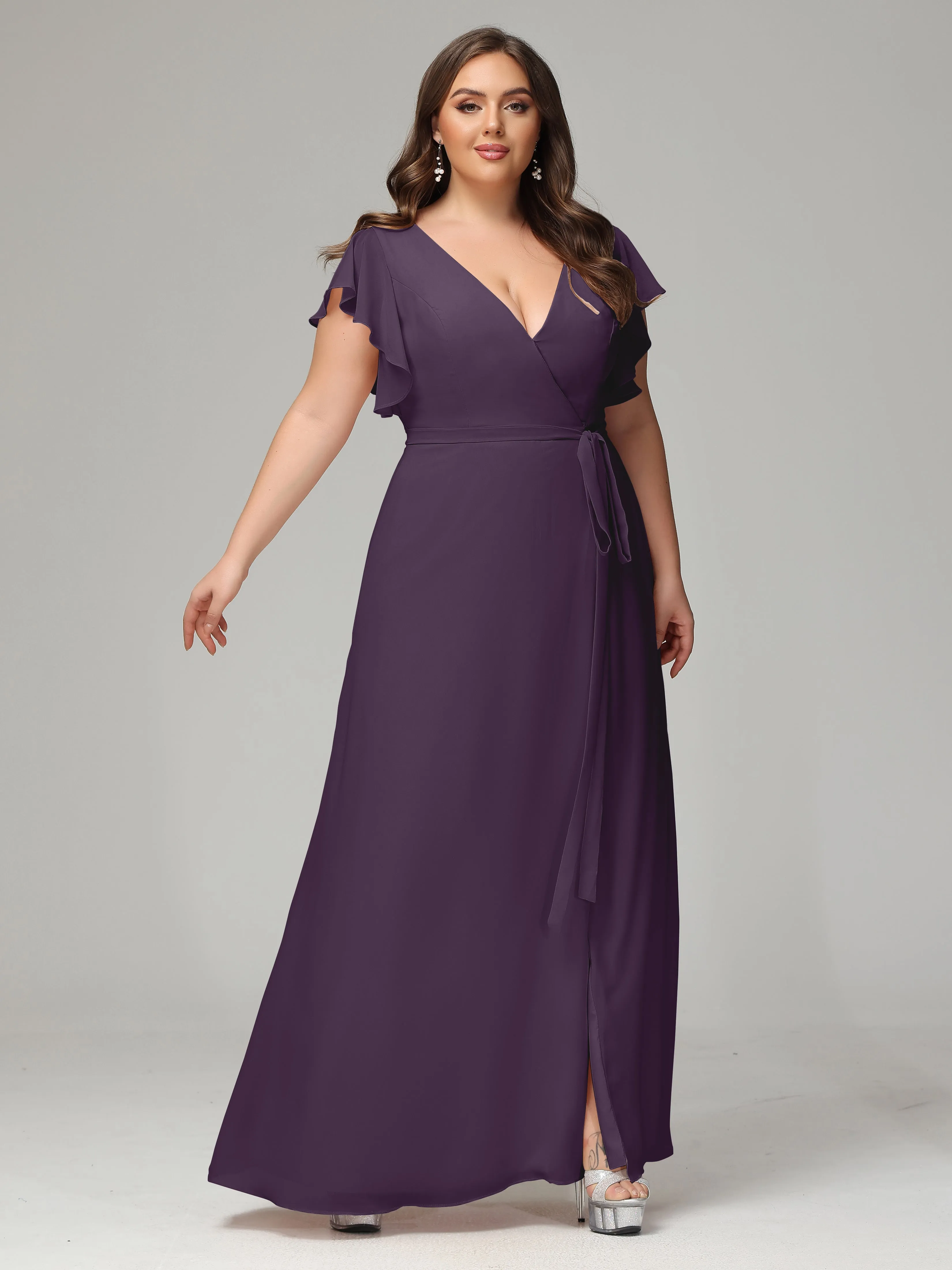 Ruffles Sleeves Chiffon Plus Size Bridesmaid Dresses