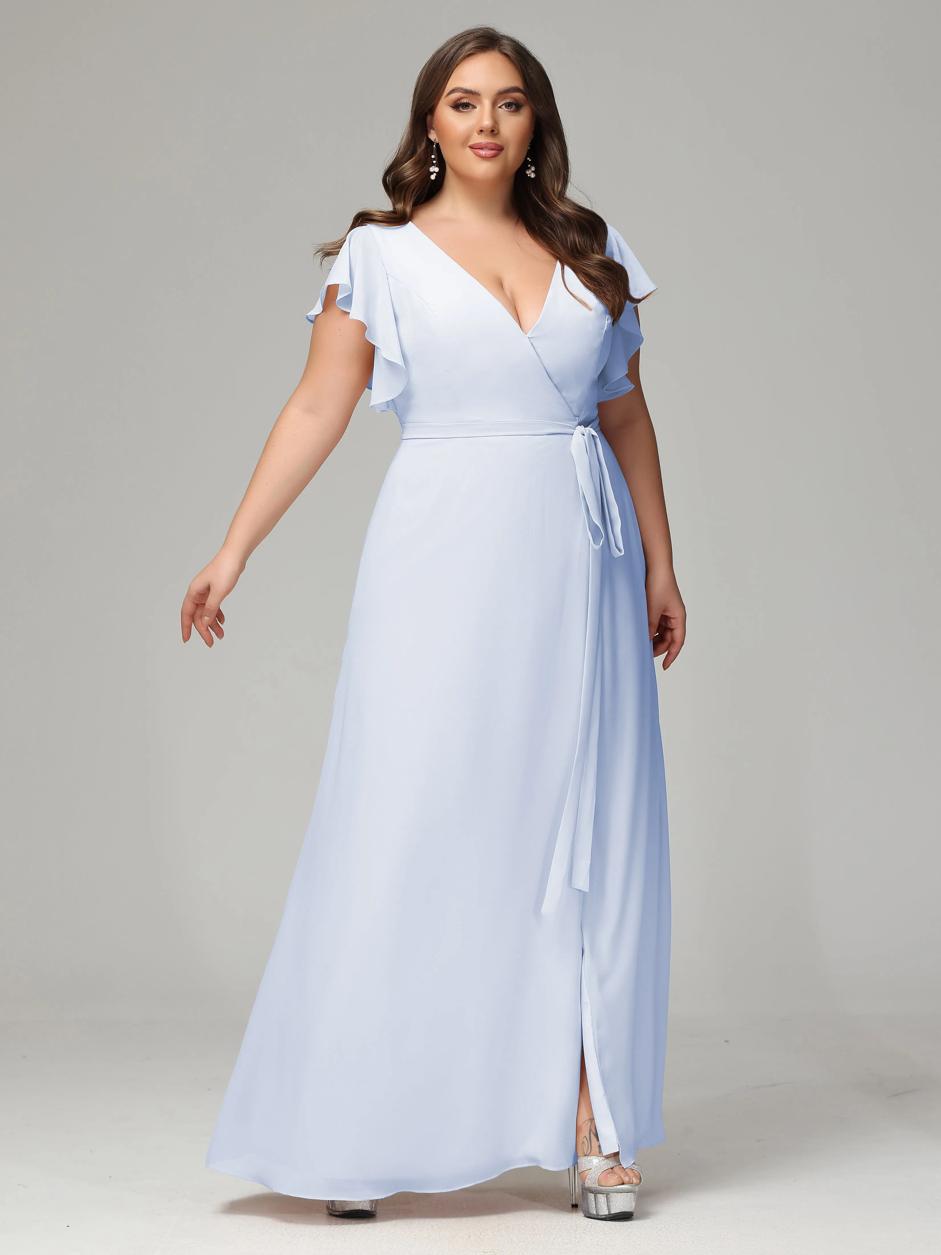 Ruffles Sleeves Chiffon Plus Size Bridesmaid Dresses