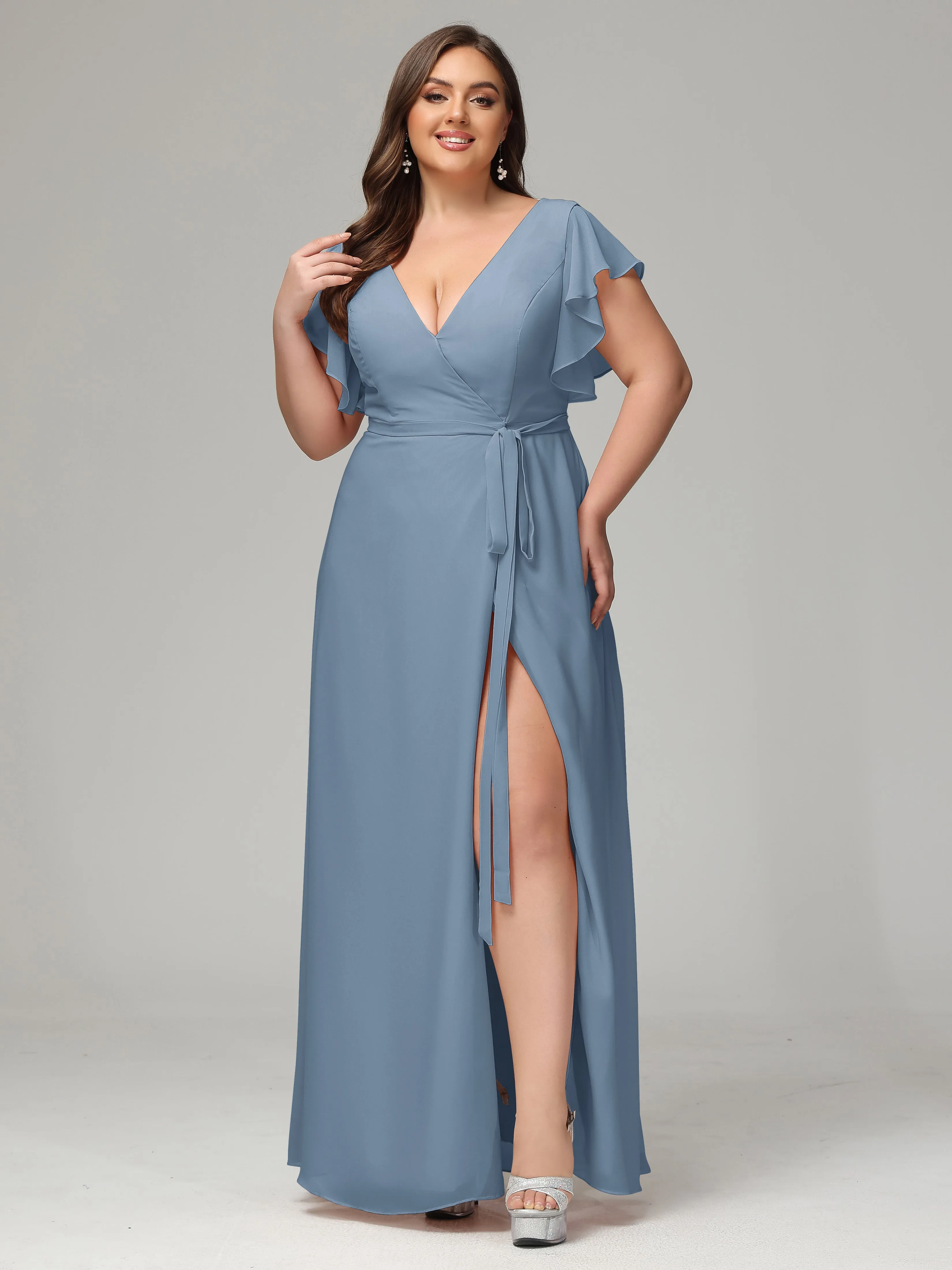 Ruffles Sleeves Chiffon Plus Size Bridesmaid Dresses