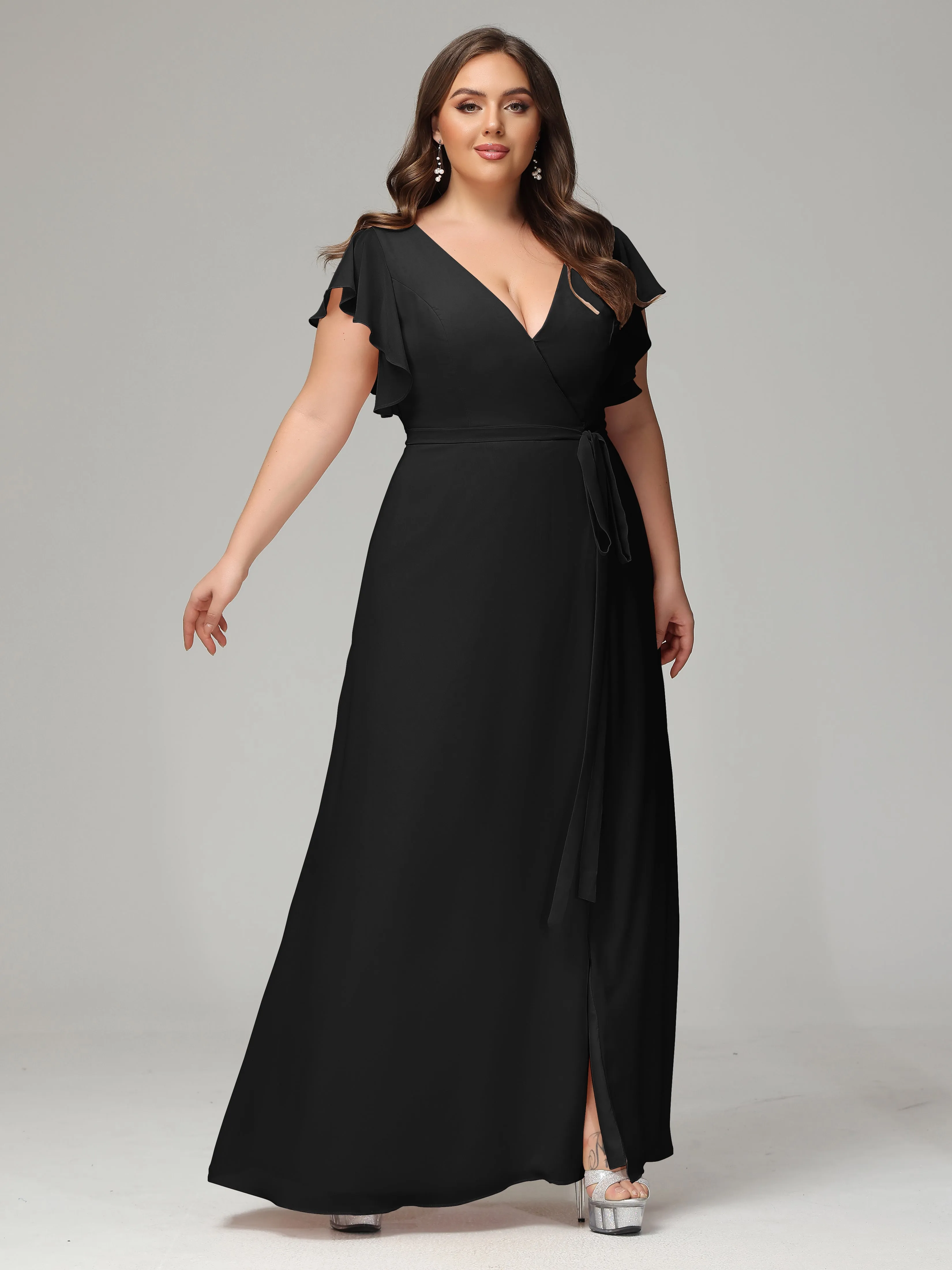 Ruffles Sleeves Chiffon Plus Size Bridesmaid Dresses