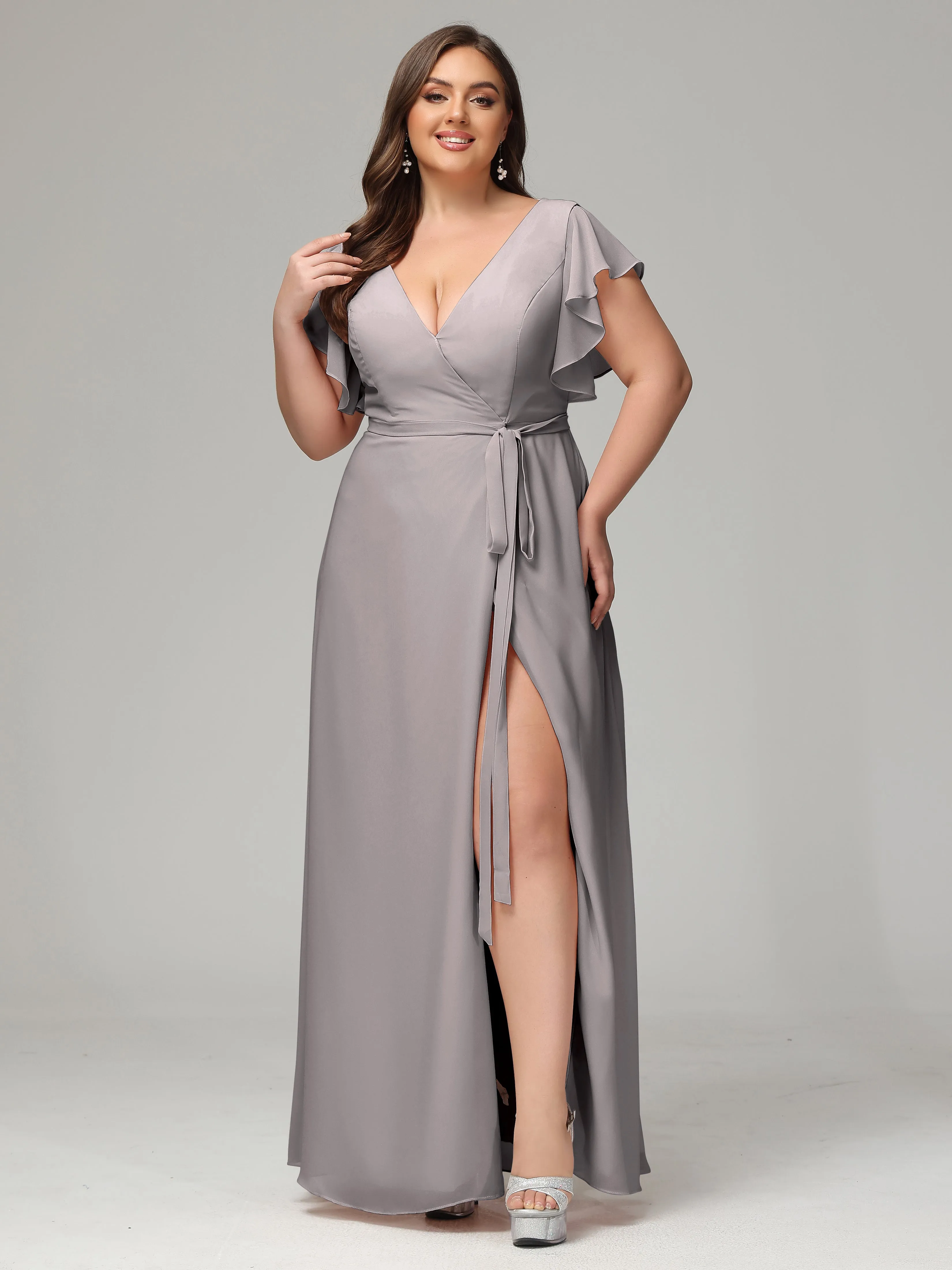 Ruffles Sleeves Chiffon Plus Size Bridesmaid Dresses