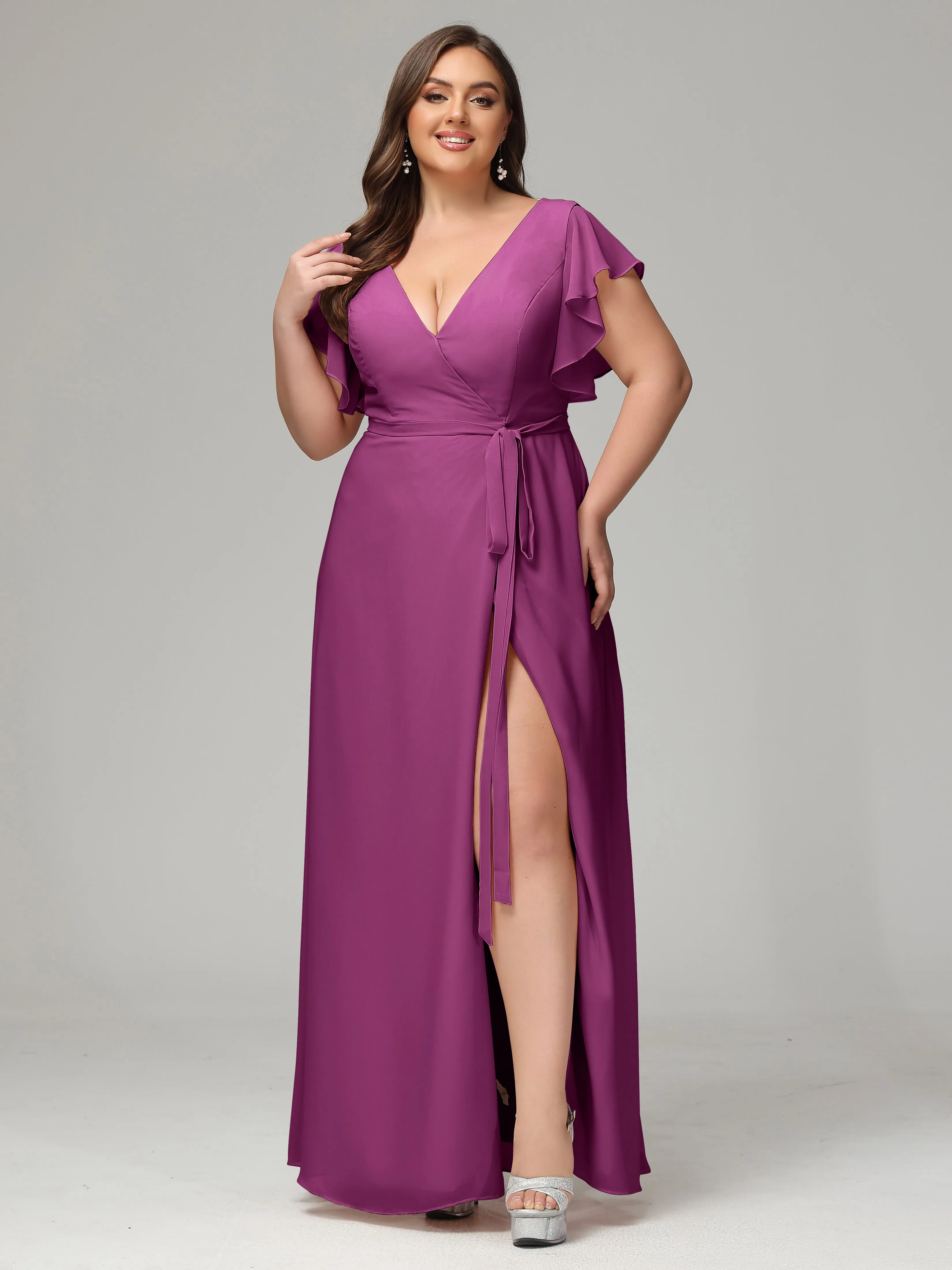 Ruffles Sleeves Chiffon Plus Size Bridesmaid Dresses