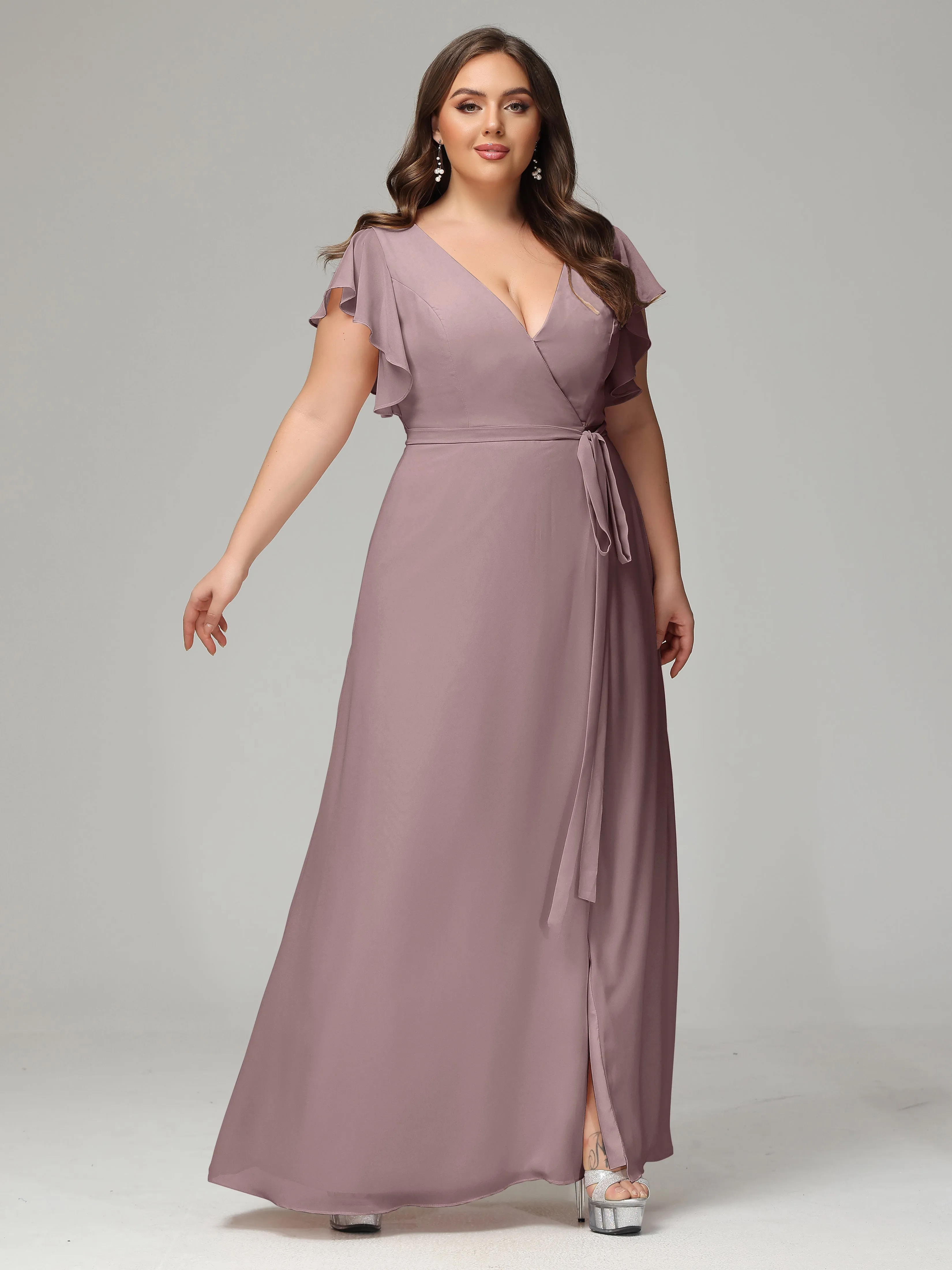 Ruffles Sleeves Chiffon Plus Size Bridesmaid Dresses