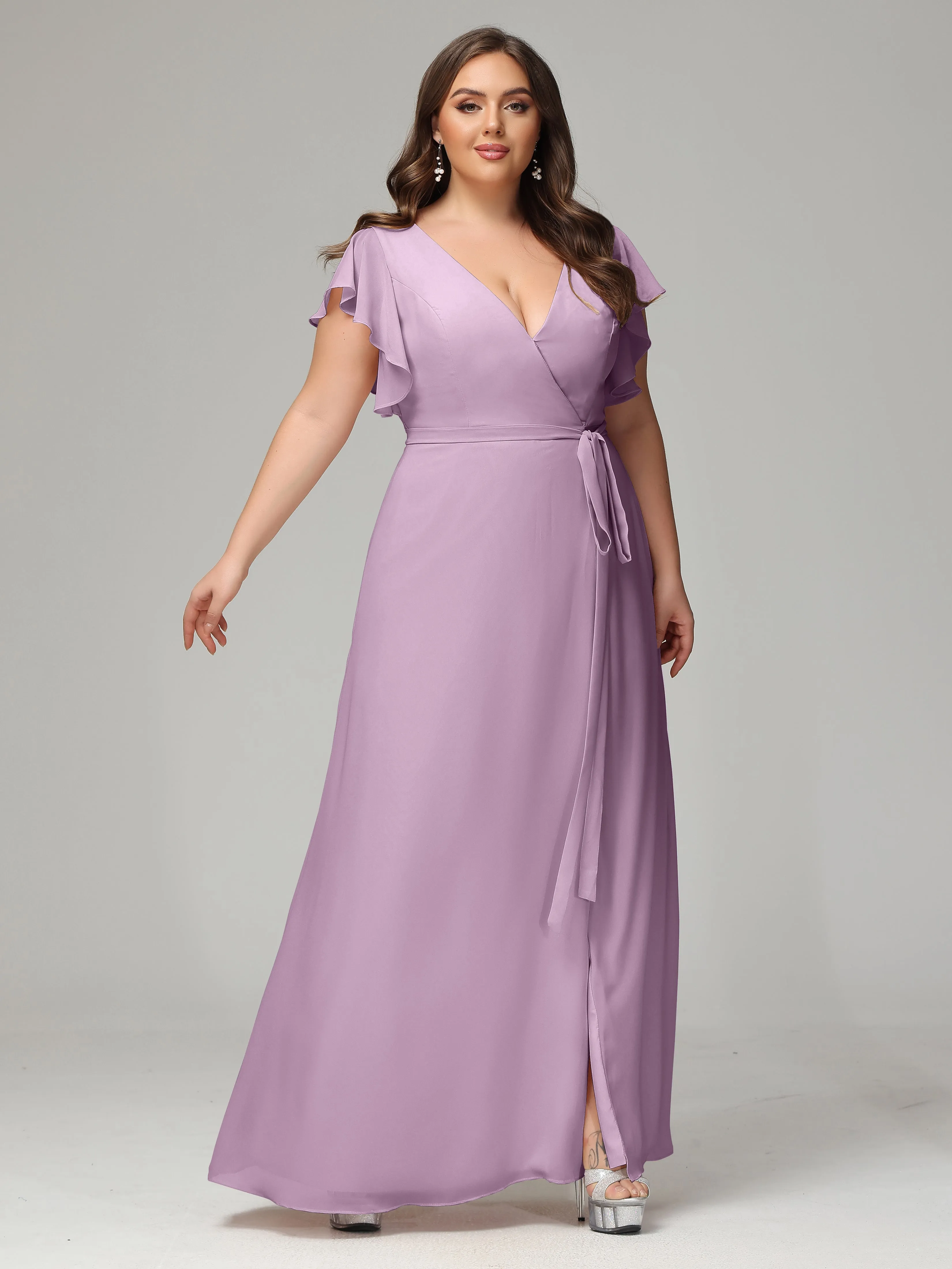 Ruffles Sleeves Chiffon Plus Size Bridesmaid Dresses