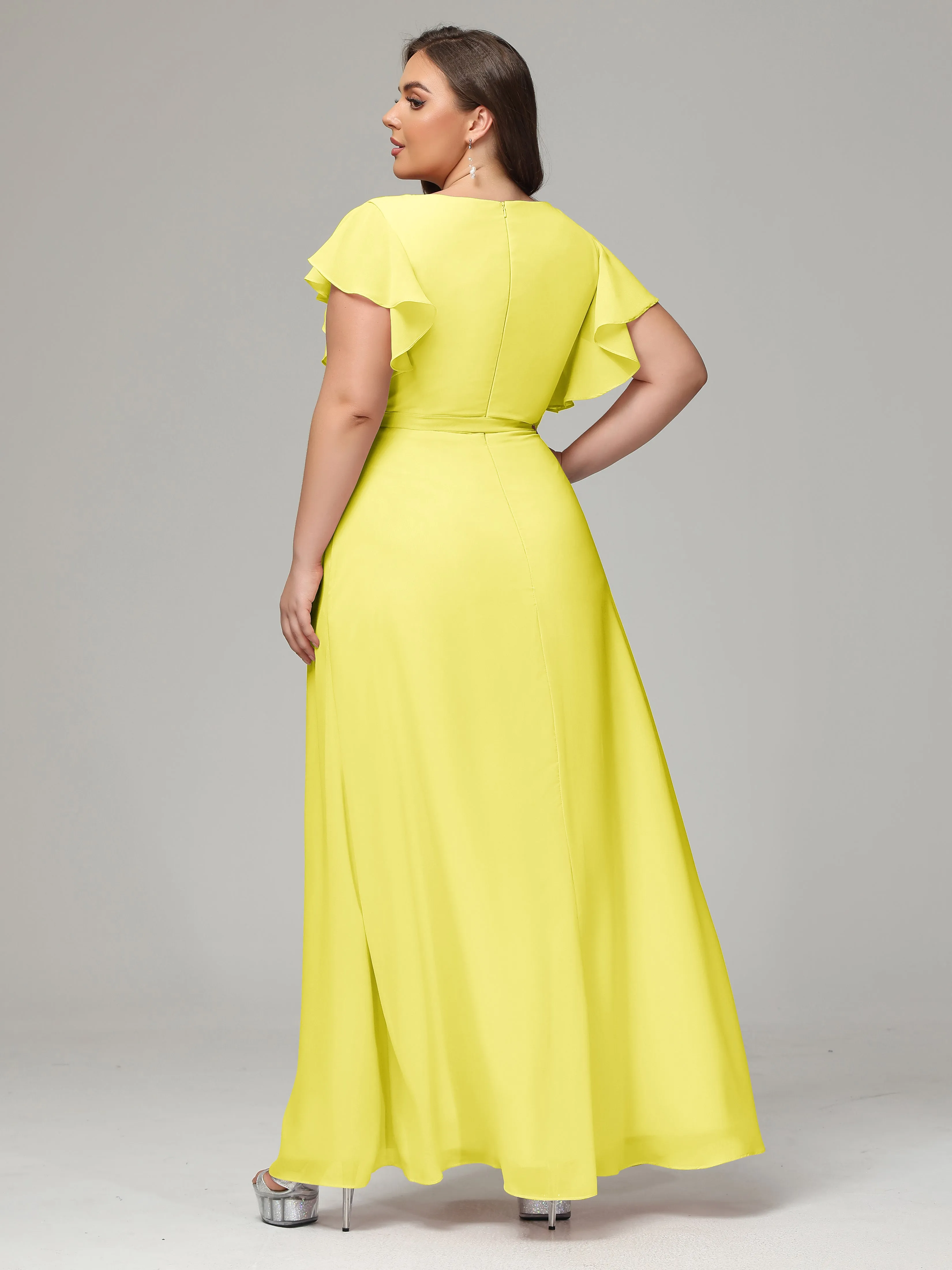 Ruffles Sleeves Chiffon Plus Size Bridesmaid Dresses