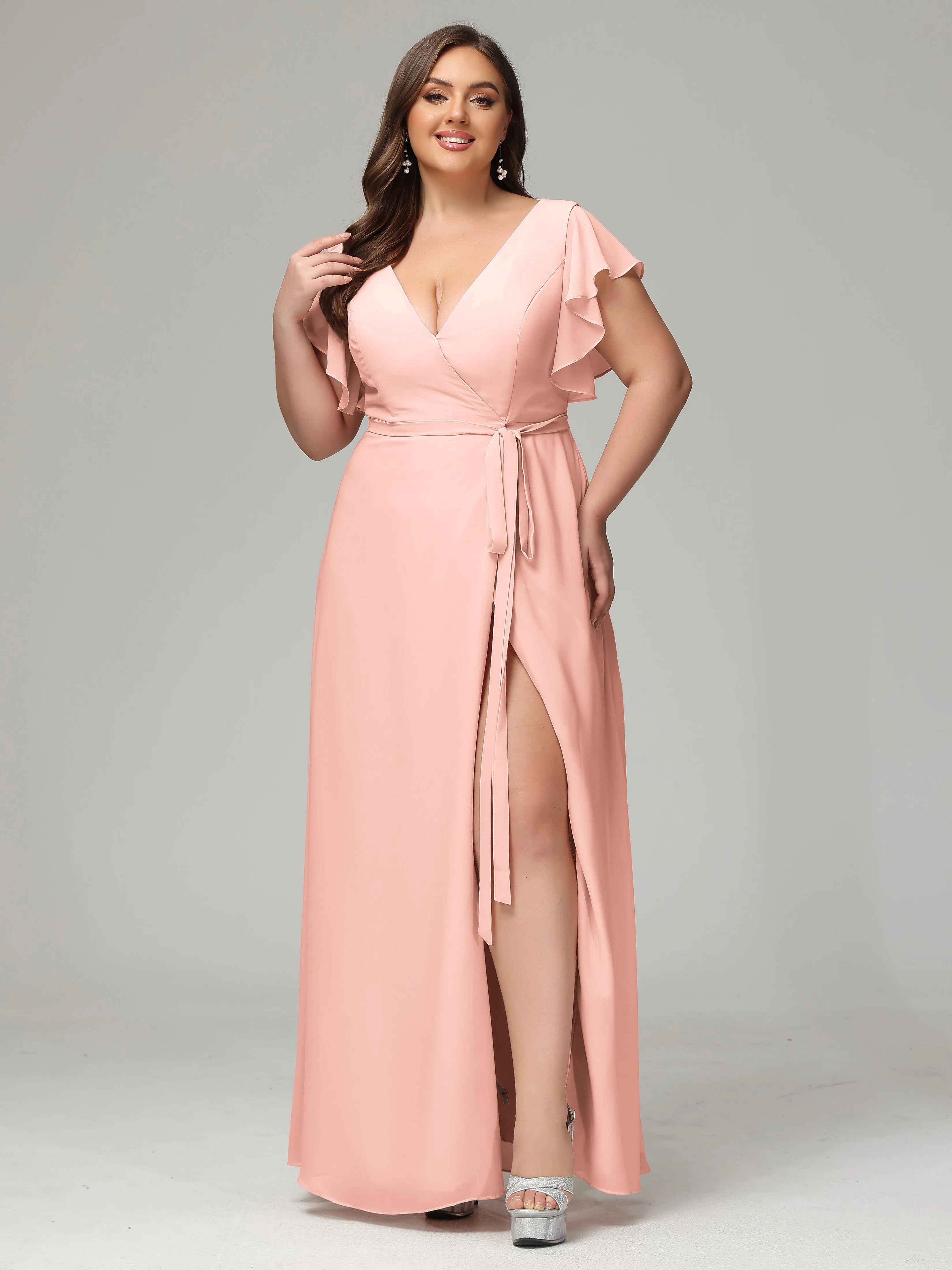 Ruffles Sleeves Chiffon Plus Size Bridesmaid Dresses