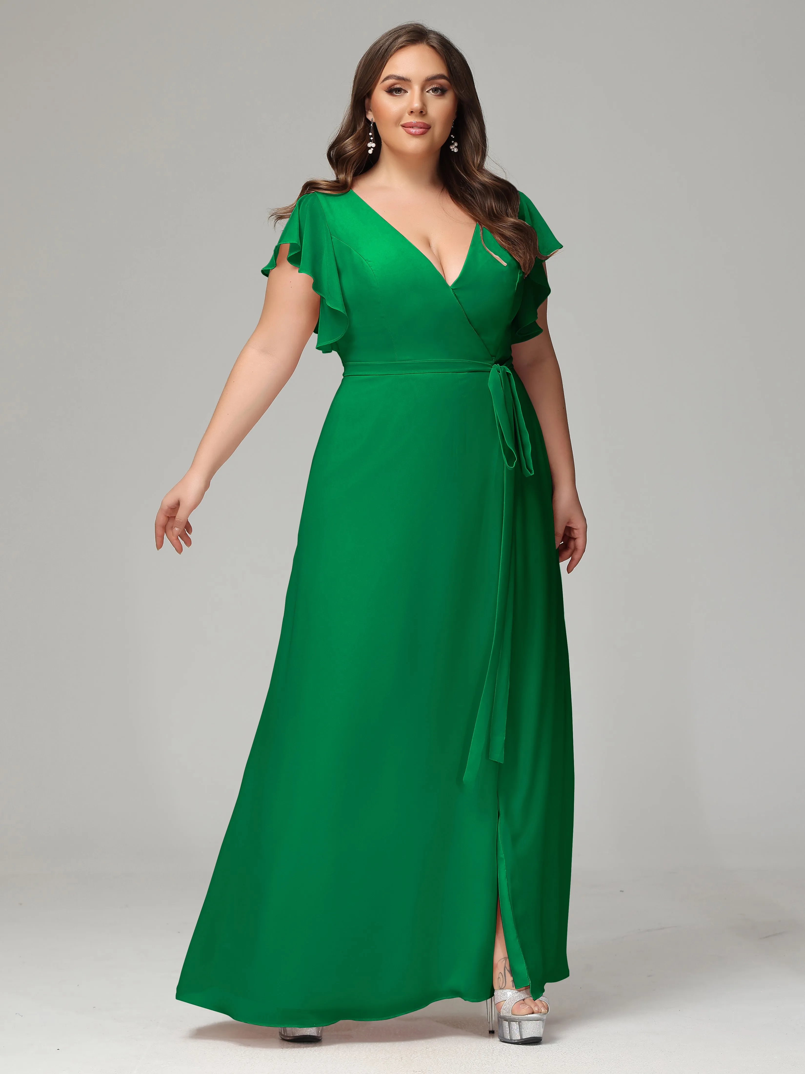 Ruffles Sleeves Chiffon Plus Size Bridesmaid Dresses