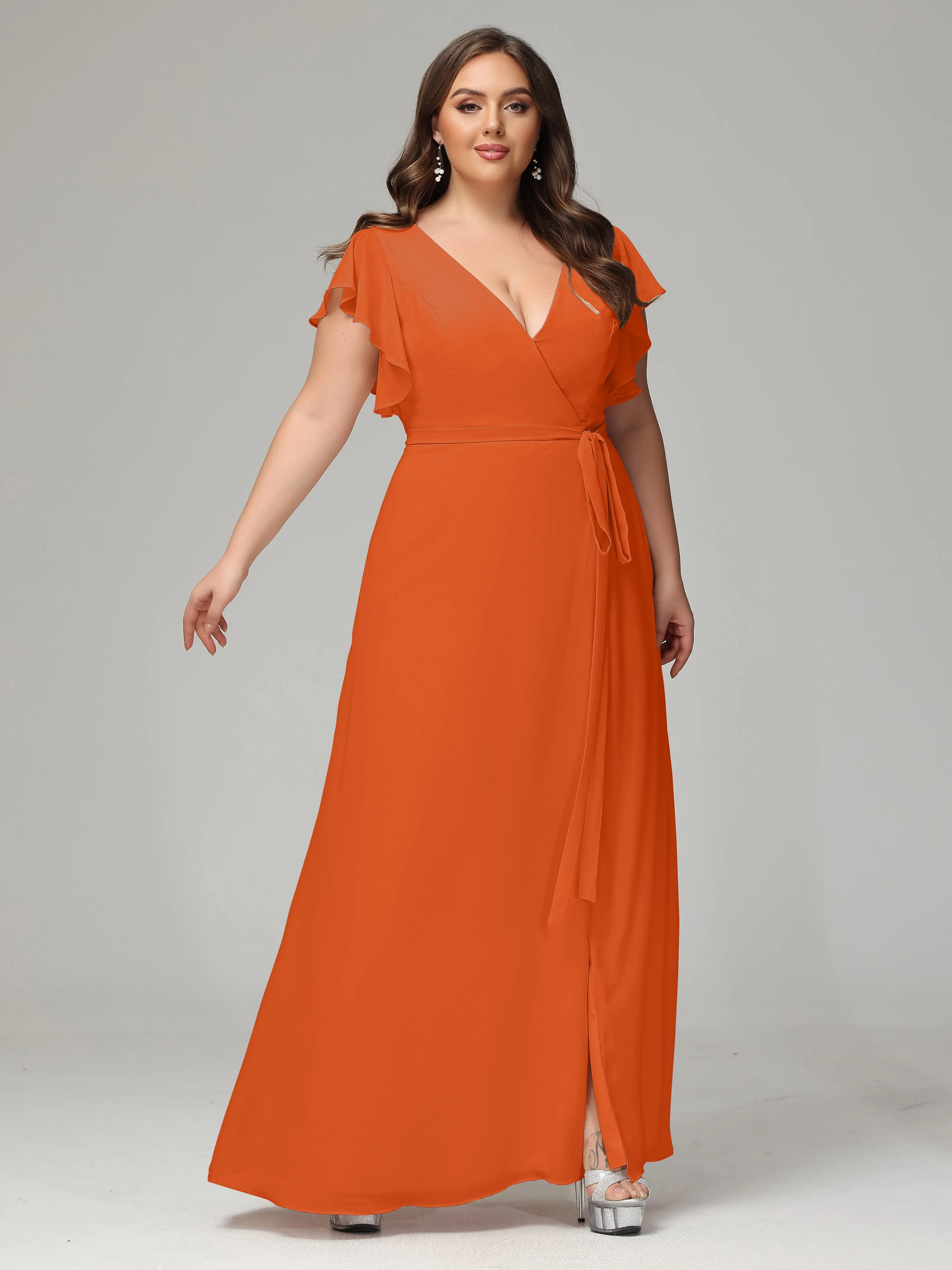 Ruffles Sleeves Chiffon Plus Size Bridesmaid Dresses