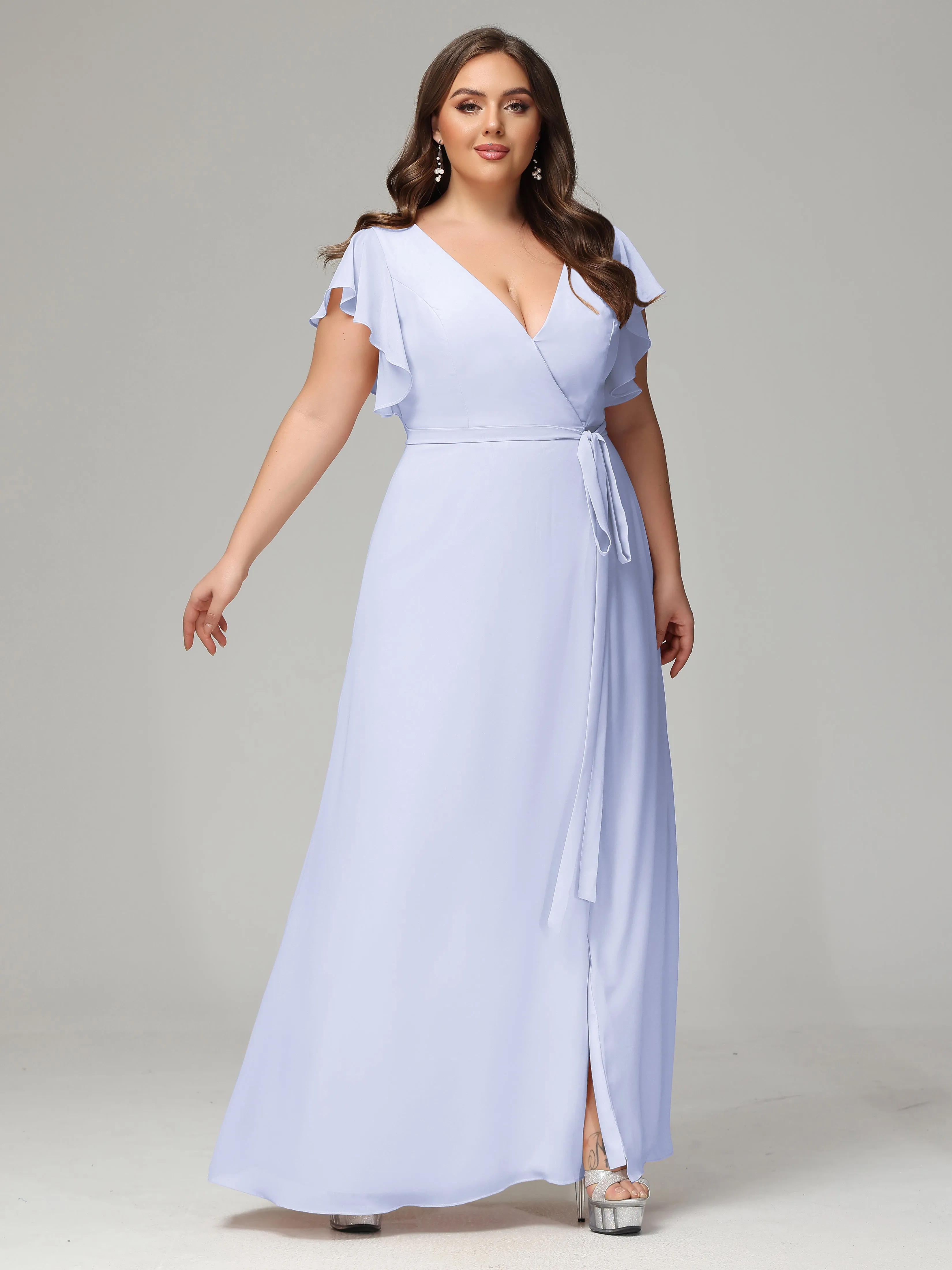 Ruffles Sleeves Chiffon Plus Size Bridesmaid Dresses