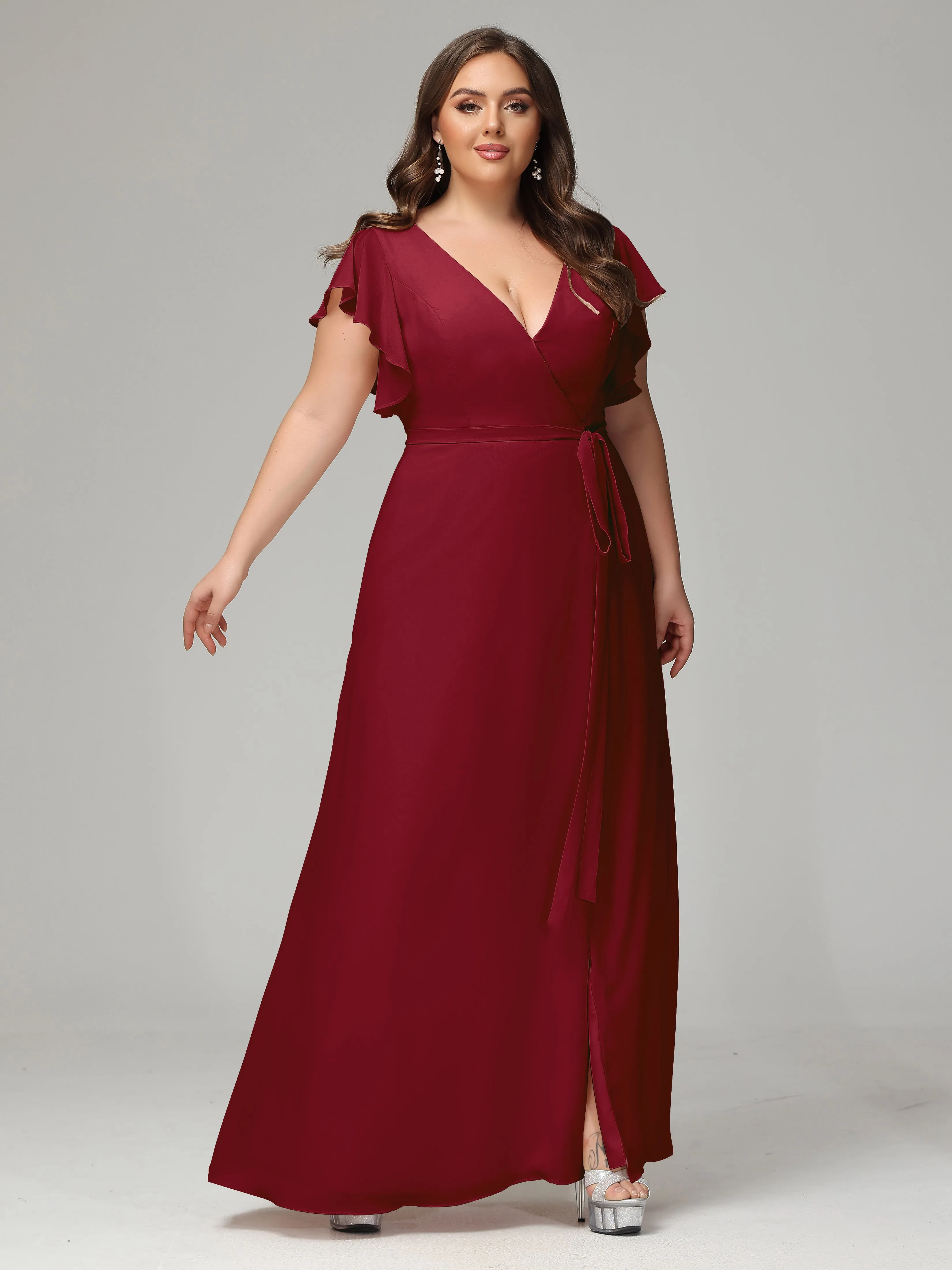 Ruffles Sleeves Chiffon Plus Size Bridesmaid Dresses