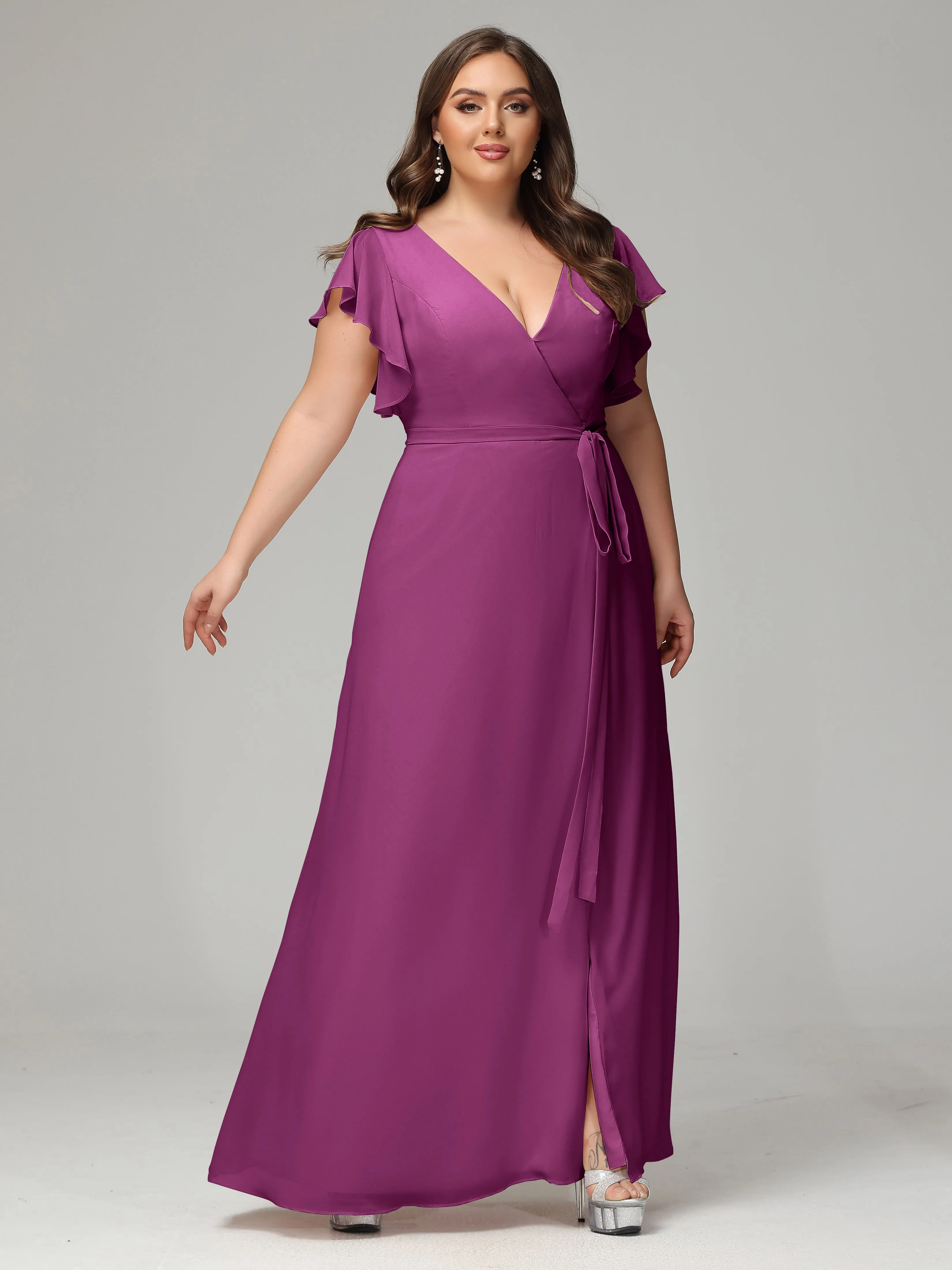 Ruffles Sleeves Chiffon Plus Size Bridesmaid Dresses