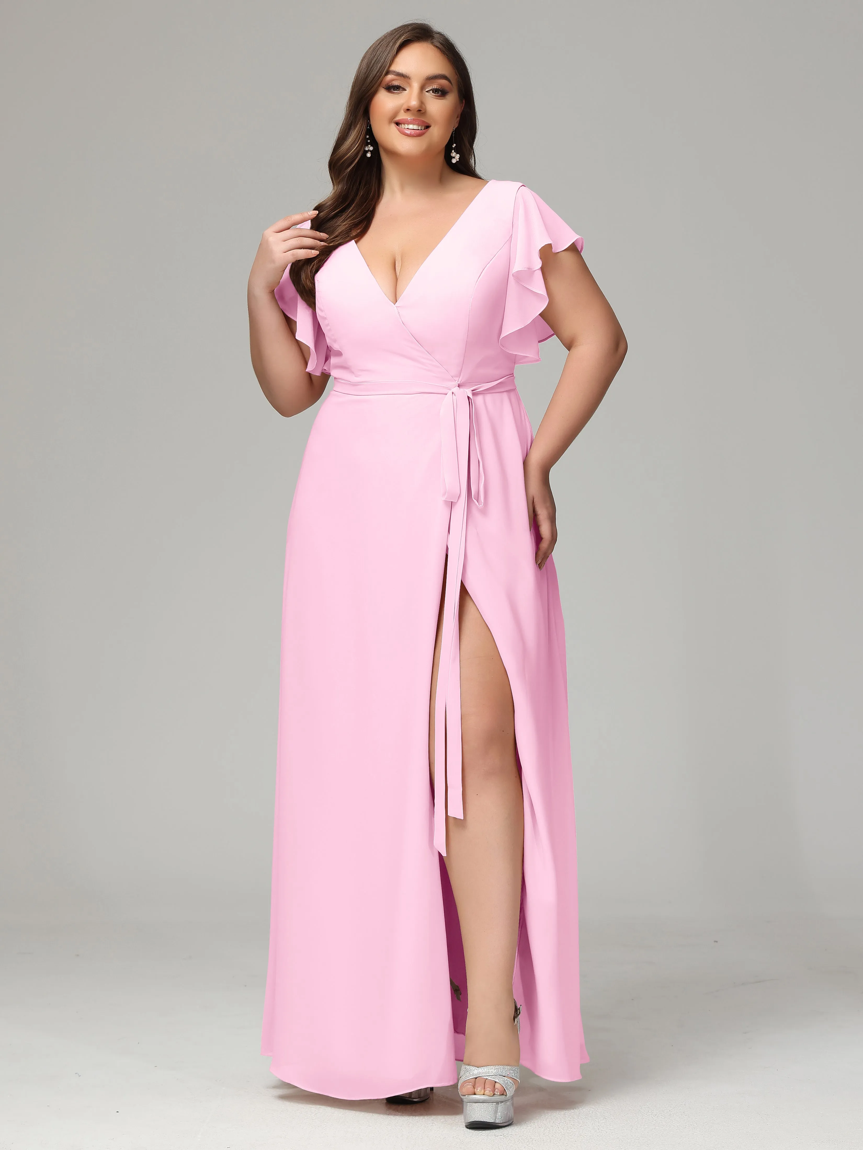 Ruffles Sleeves Chiffon Plus Size Bridesmaid Dresses