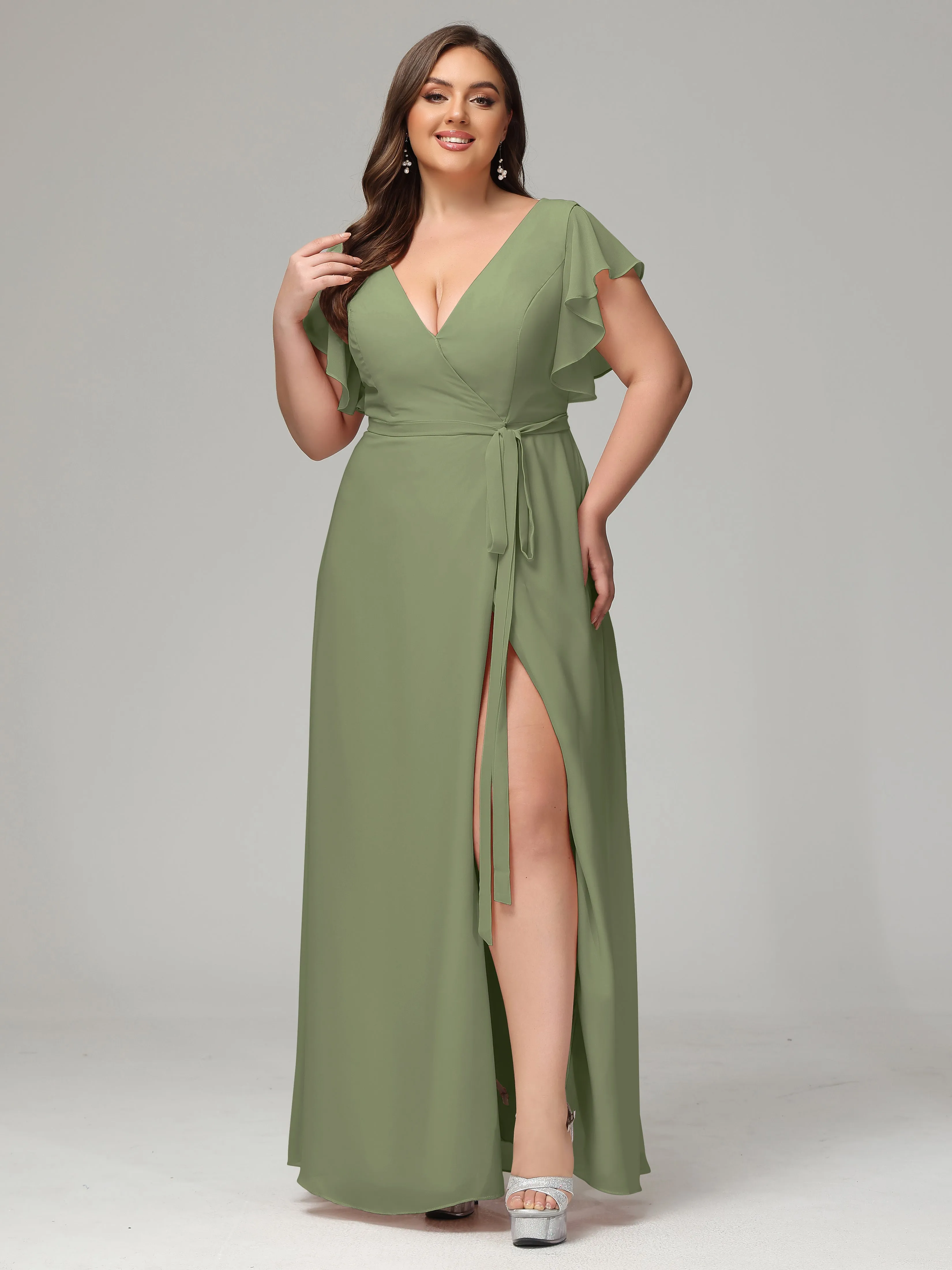 Ruffles Sleeves Chiffon Plus Size Bridesmaid Dresses