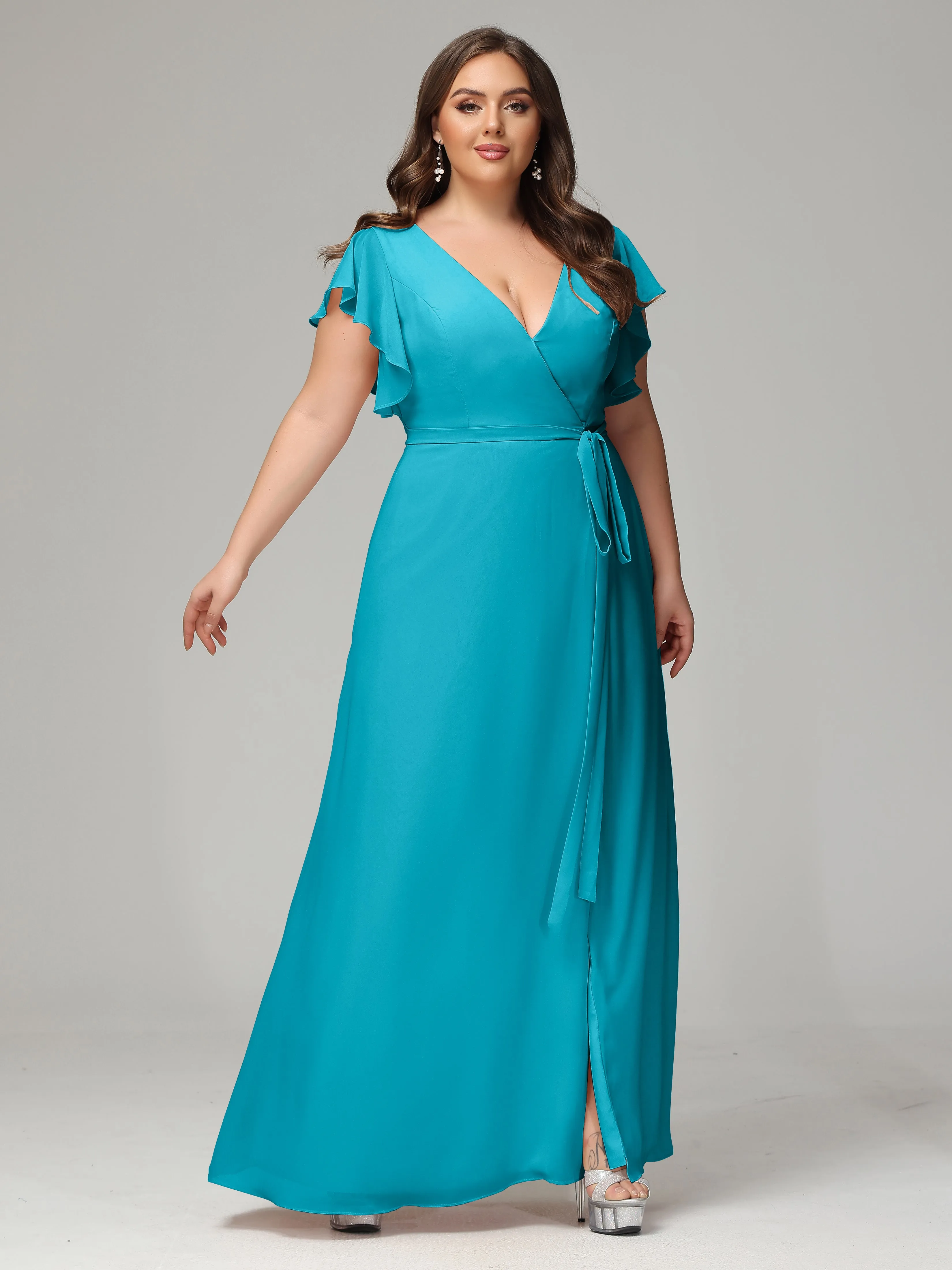 Ruffles Sleeves Chiffon Plus Size Bridesmaid Dresses