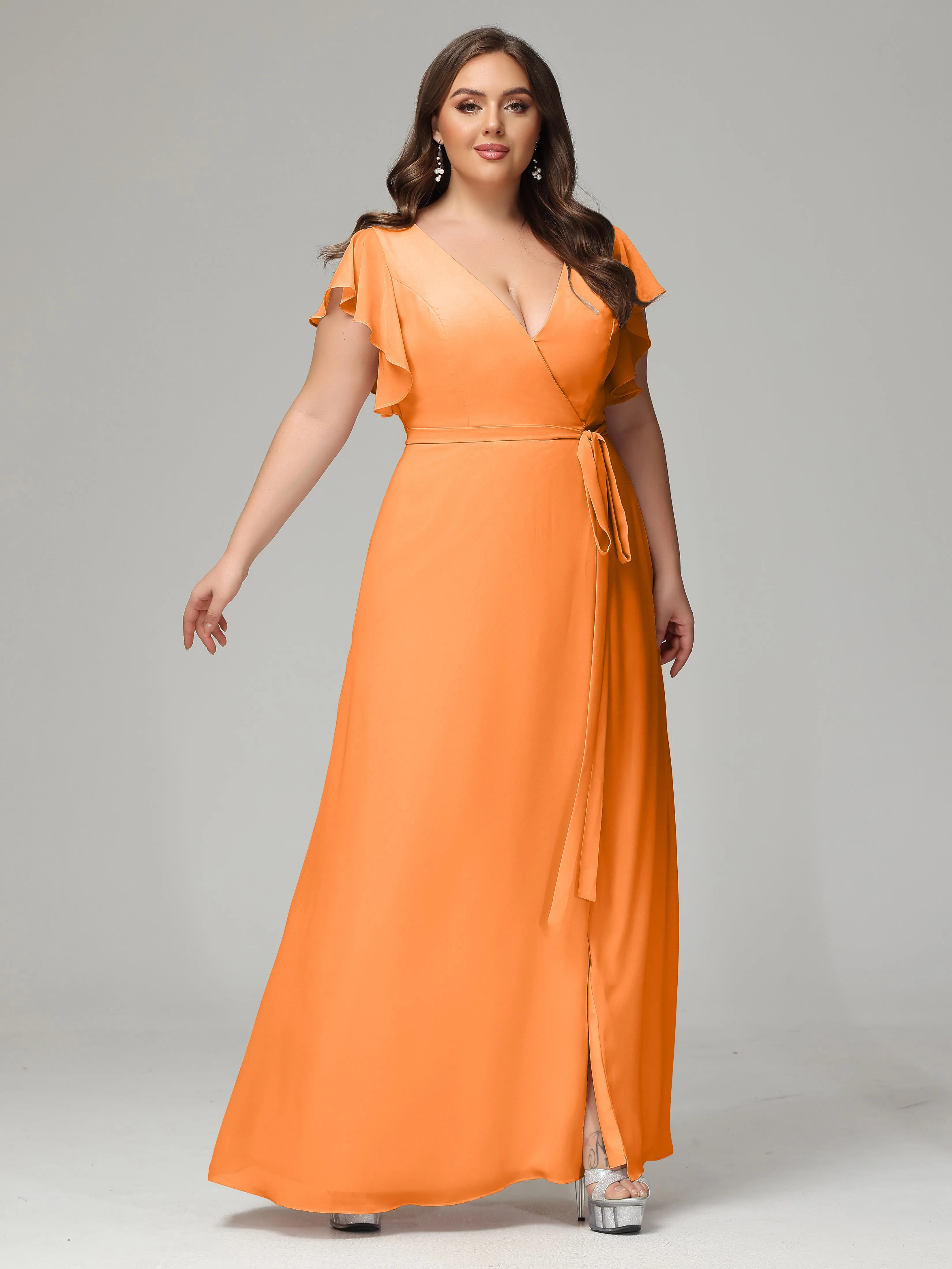 Ruffles Sleeves Chiffon Plus Size Bridesmaid Dresses