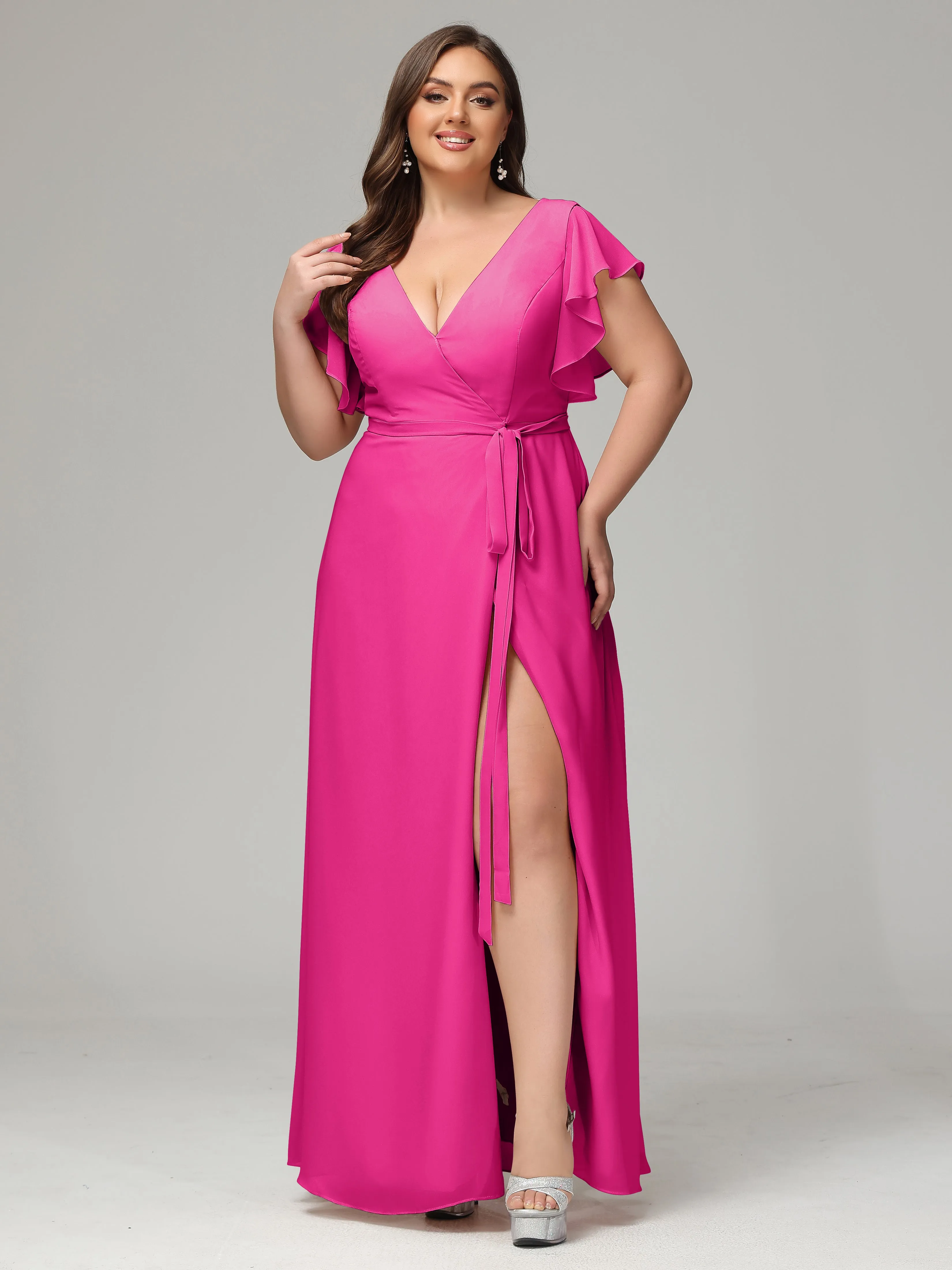 Ruffles Sleeves Chiffon Plus Size Bridesmaid Dresses