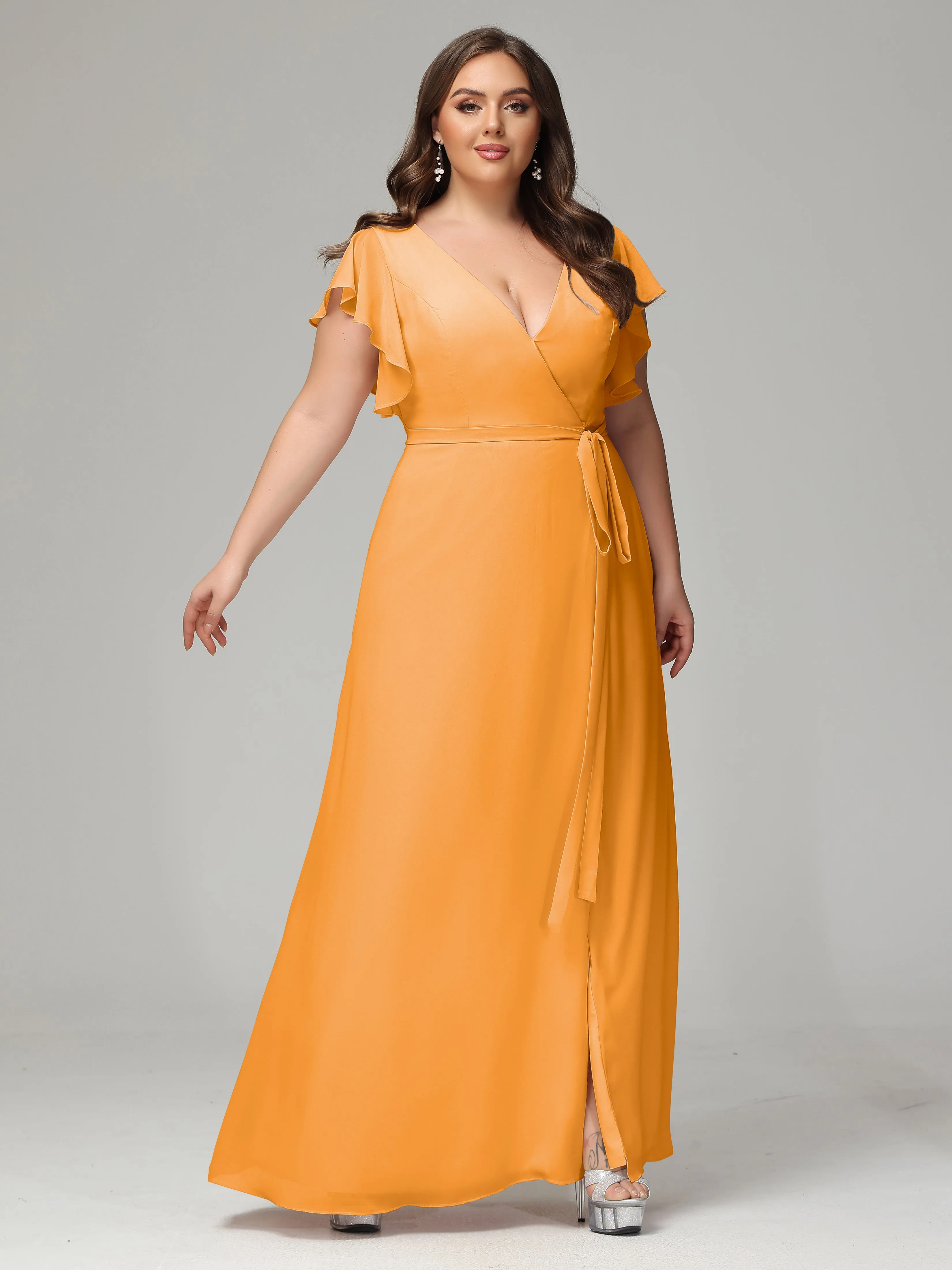 Ruffles Sleeves Chiffon Plus Size Bridesmaid Dresses