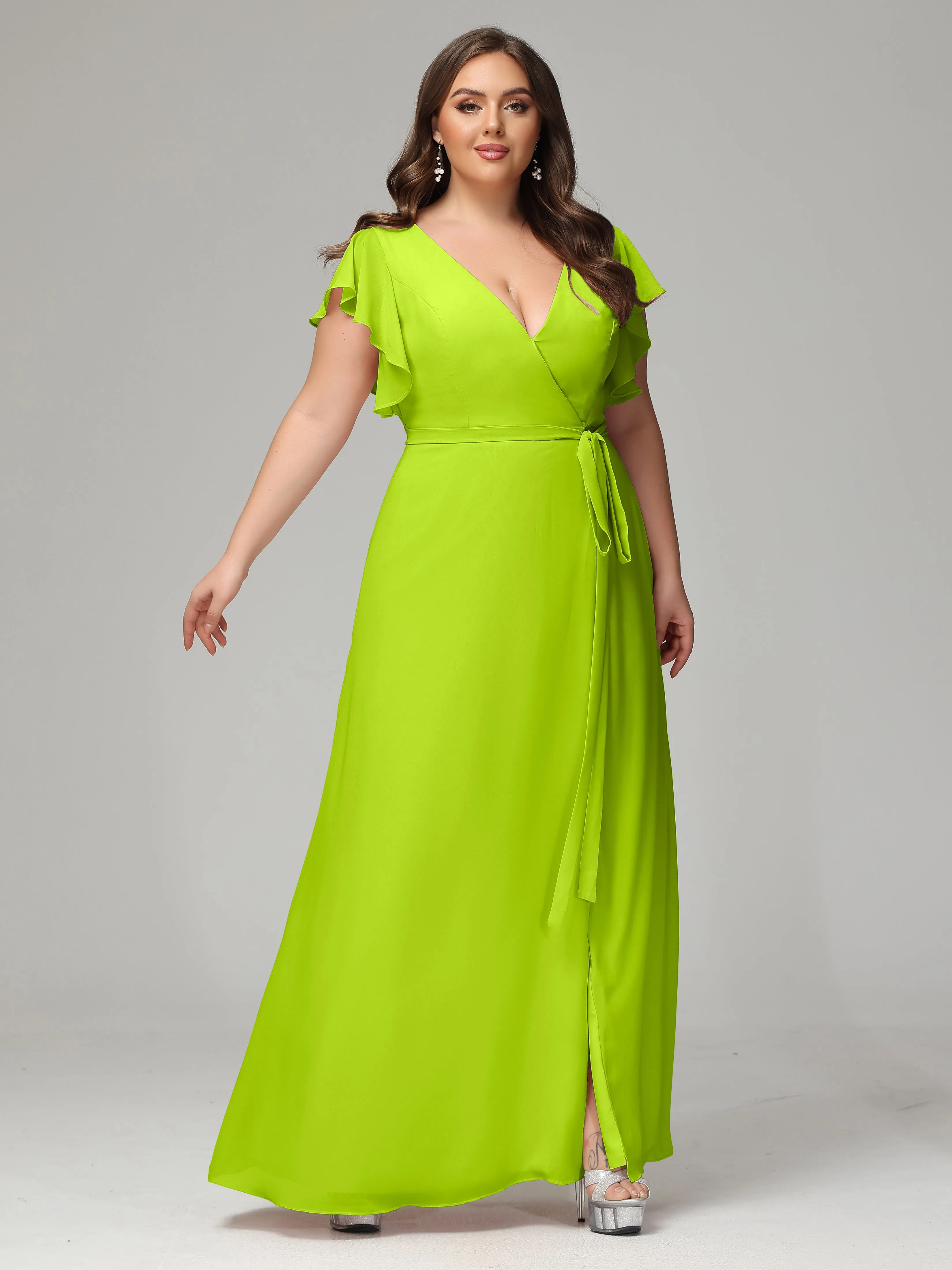 Ruffles Sleeves Chiffon Plus Size Bridesmaid Dresses