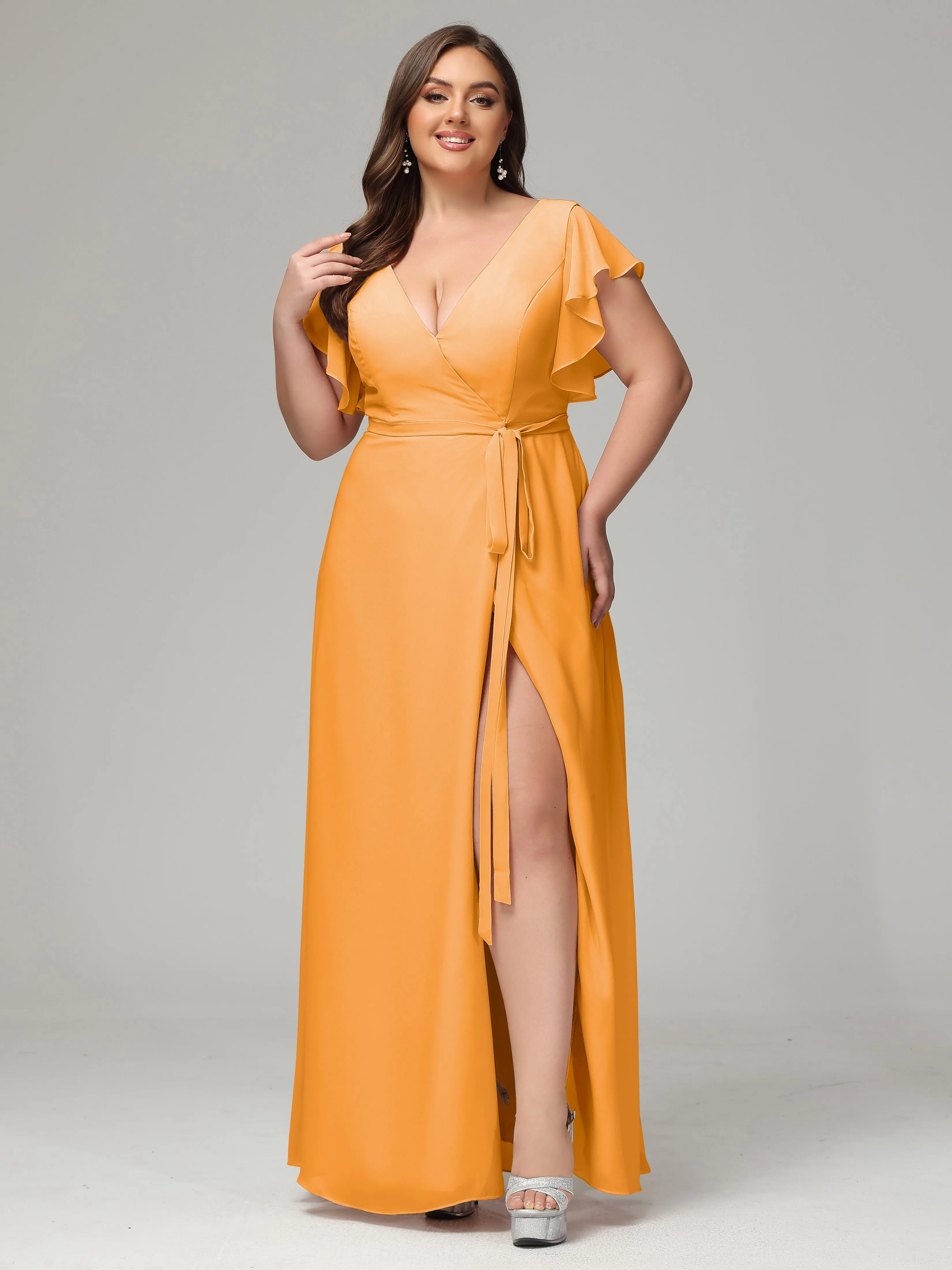 Ruffles Sleeves Chiffon Plus Size Bridesmaid Dresses