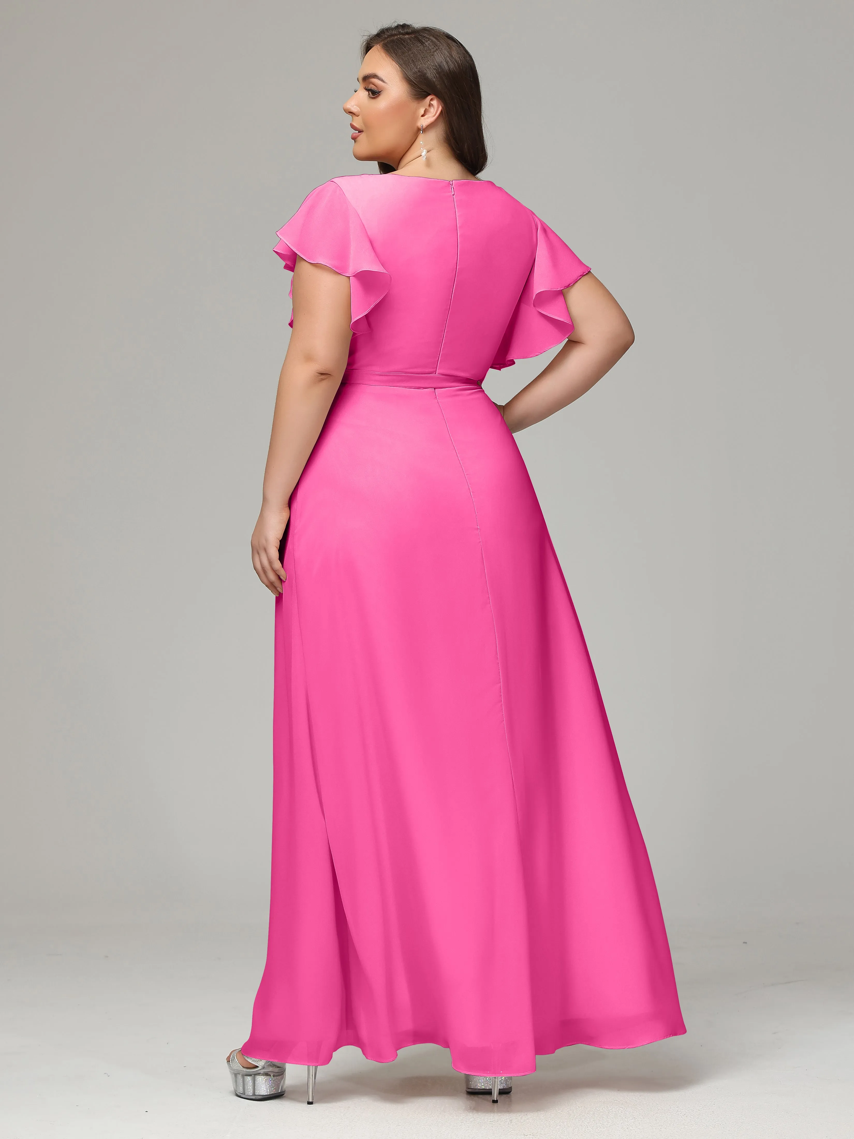 Ruffles Sleeves Chiffon Plus Size Bridesmaid Dresses