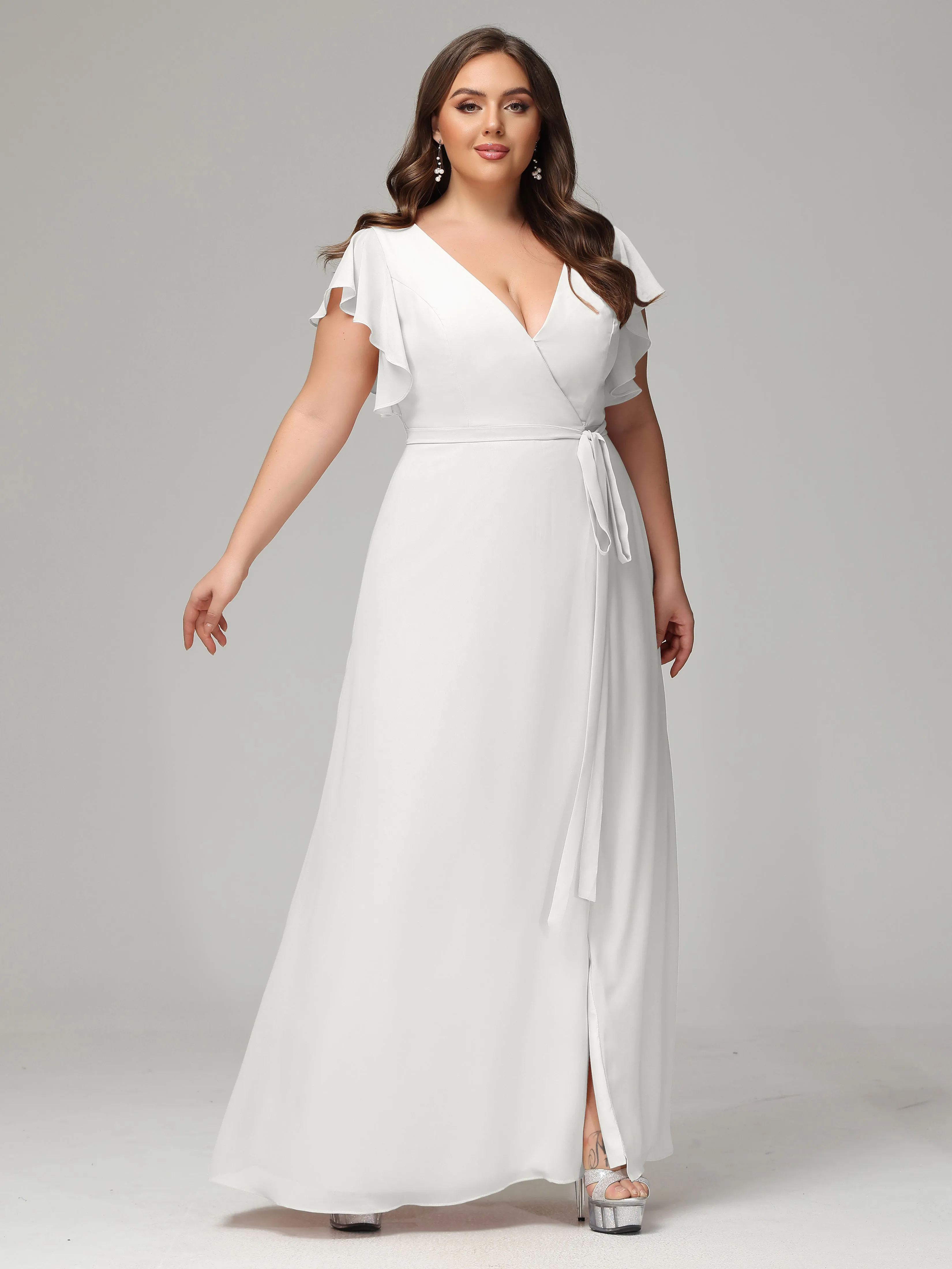 Ruffles Sleeves Chiffon Plus Size Bridesmaid Dresses