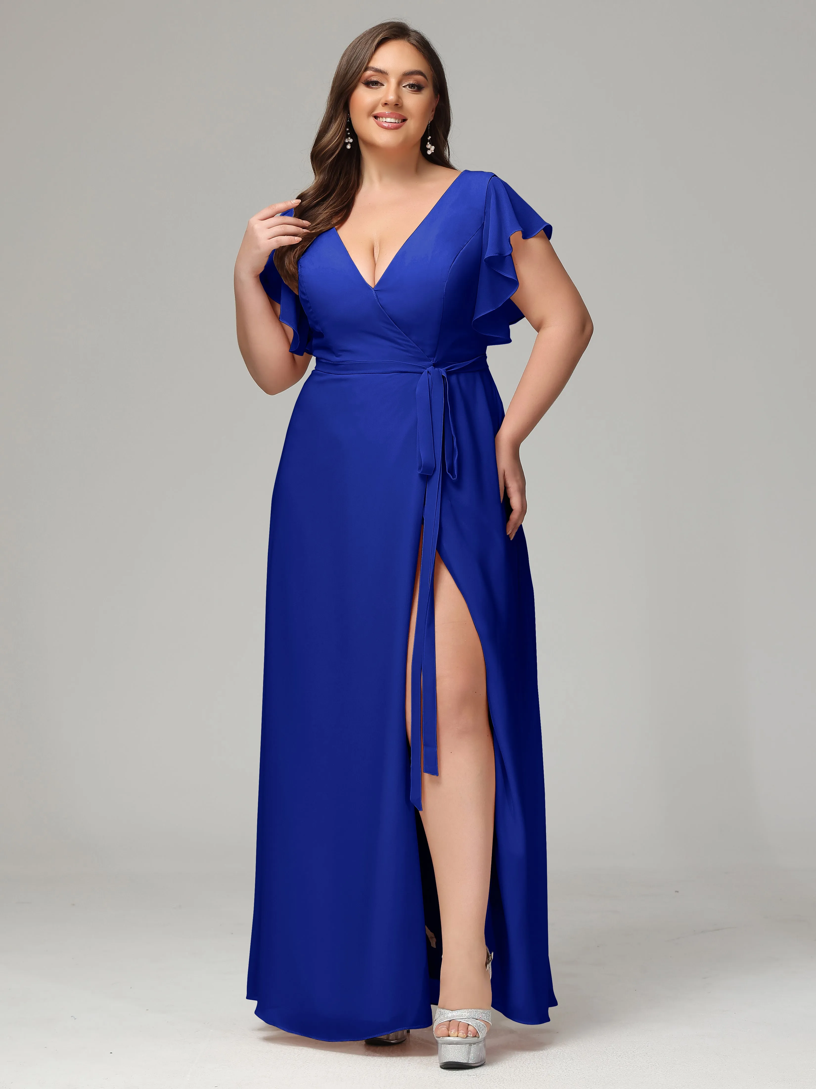 Ruffles Sleeves Chiffon Plus Size Bridesmaid Dresses