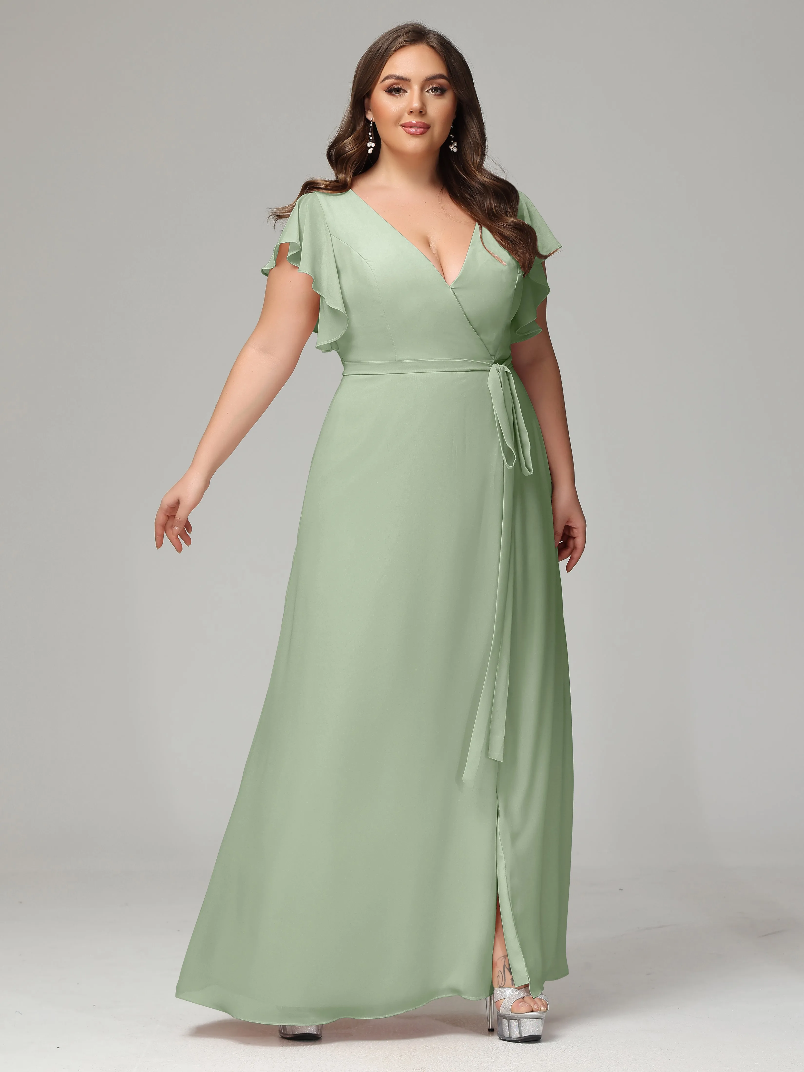 Ruffles Sleeves Chiffon Plus Size Bridesmaid Dresses