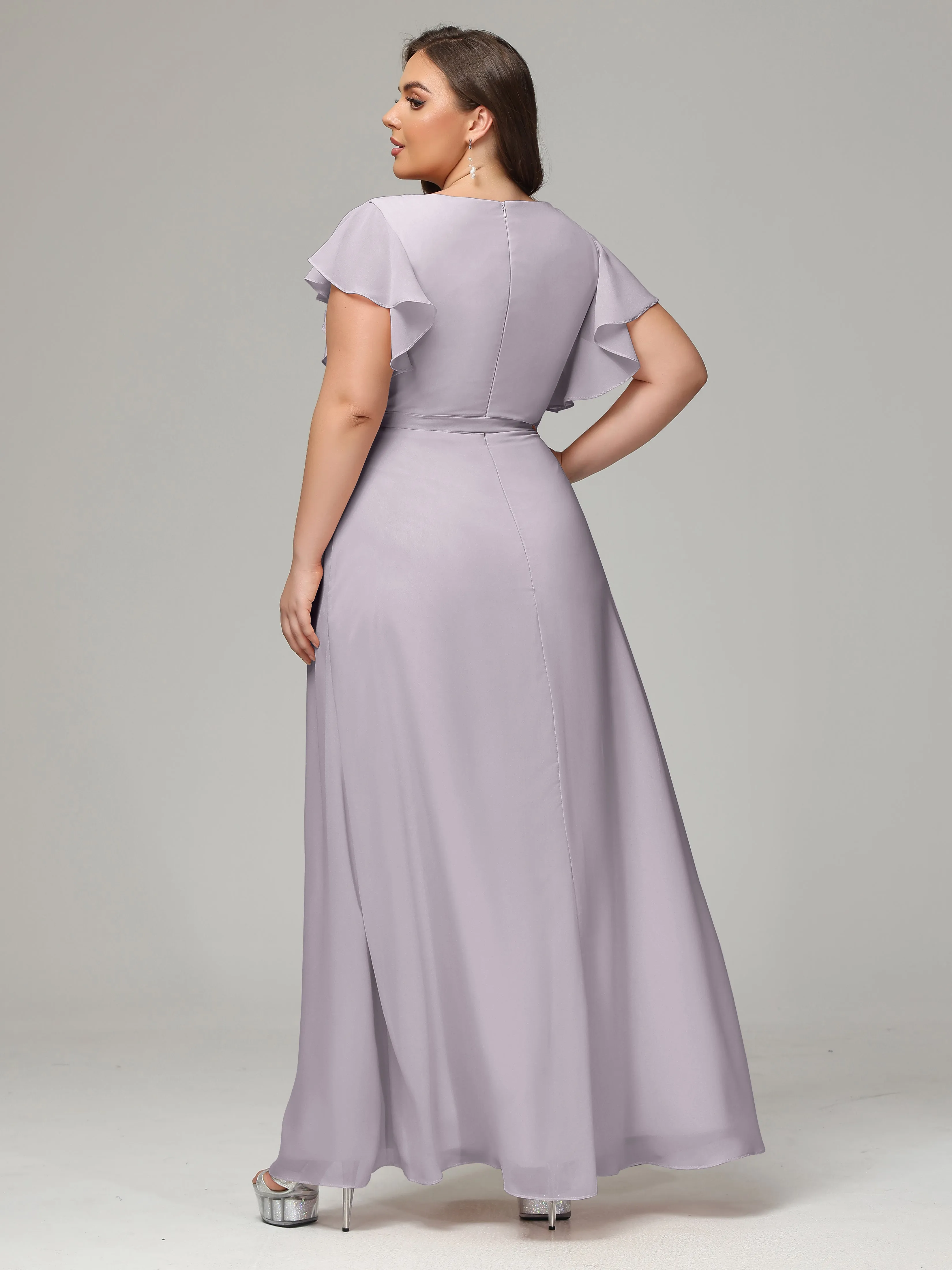 Ruffles Sleeves Chiffon Plus Size Bridesmaid Dresses