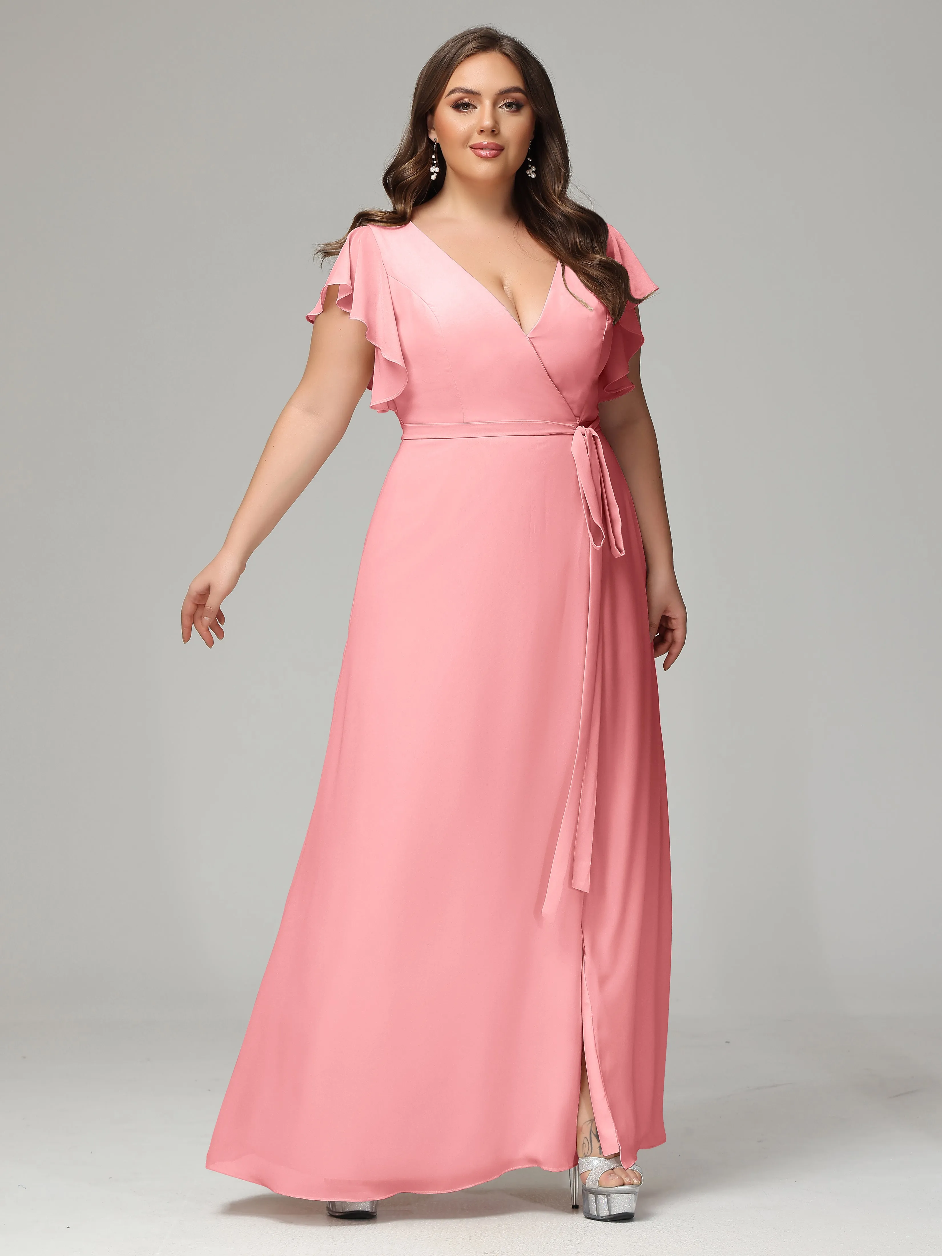 Ruffles Sleeves Chiffon Plus Size Bridesmaid Dresses