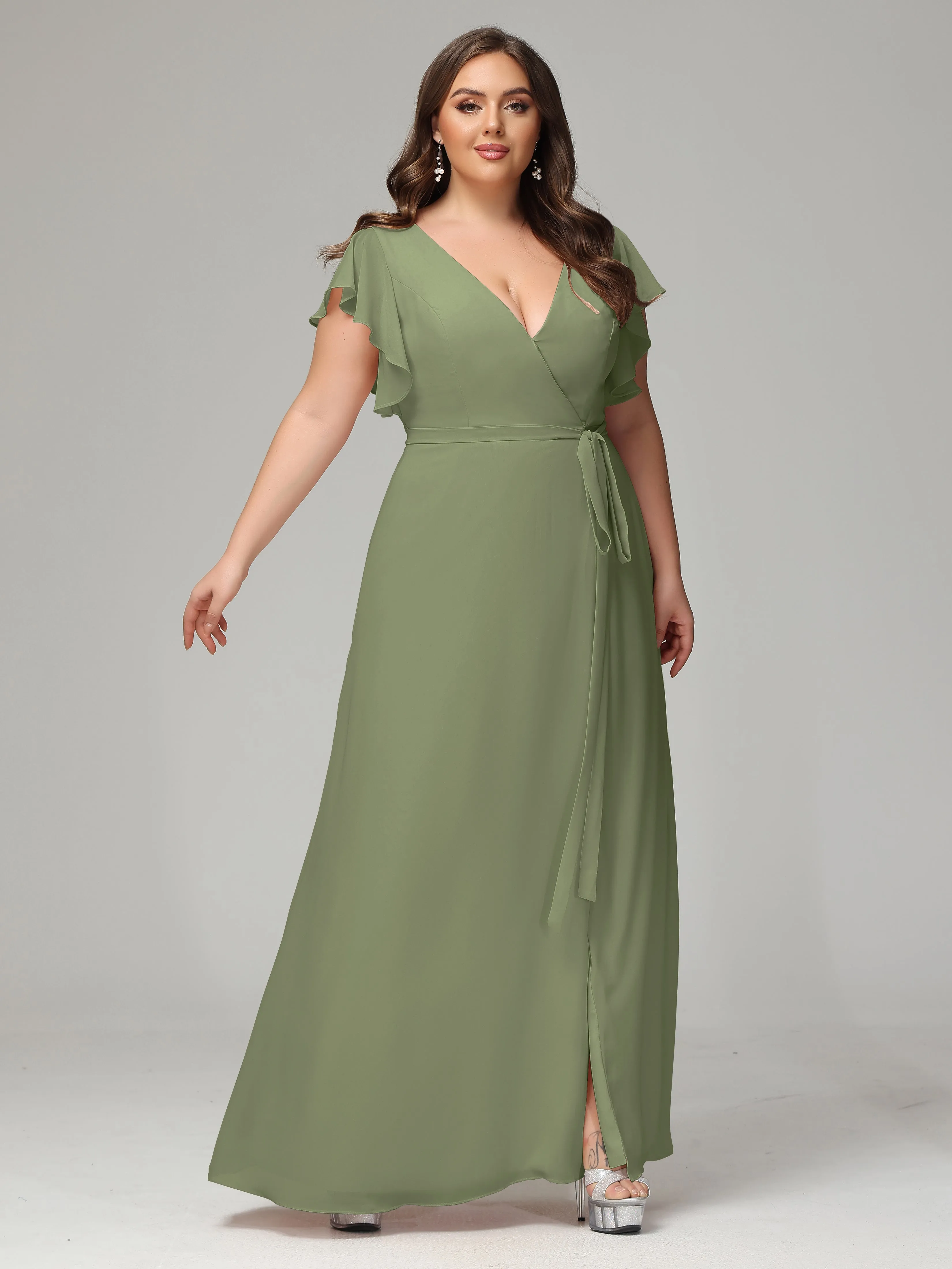 Ruffles Sleeves Chiffon Plus Size Bridesmaid Dresses