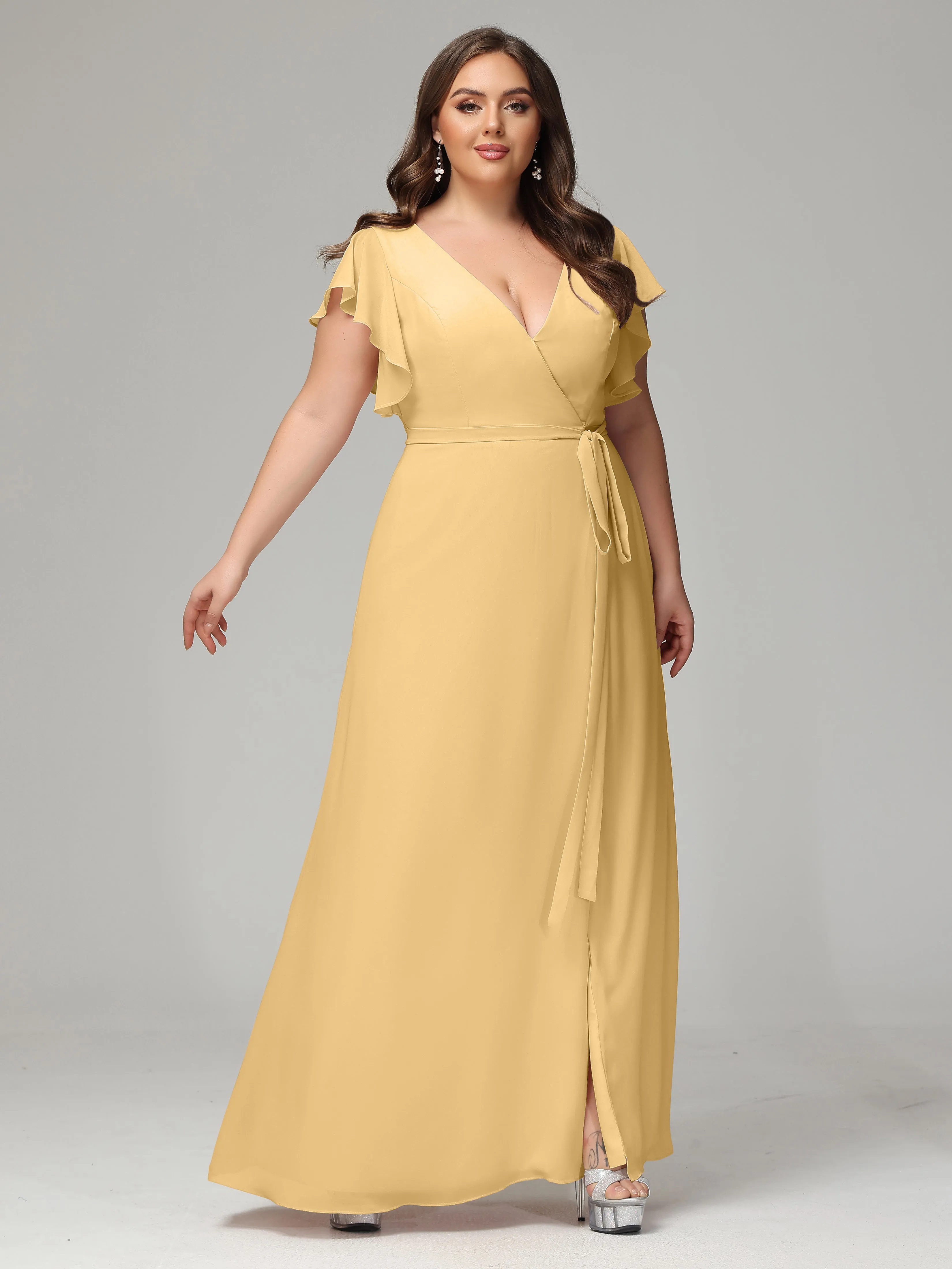 Ruffles Sleeves Chiffon Plus Size Bridesmaid Dresses