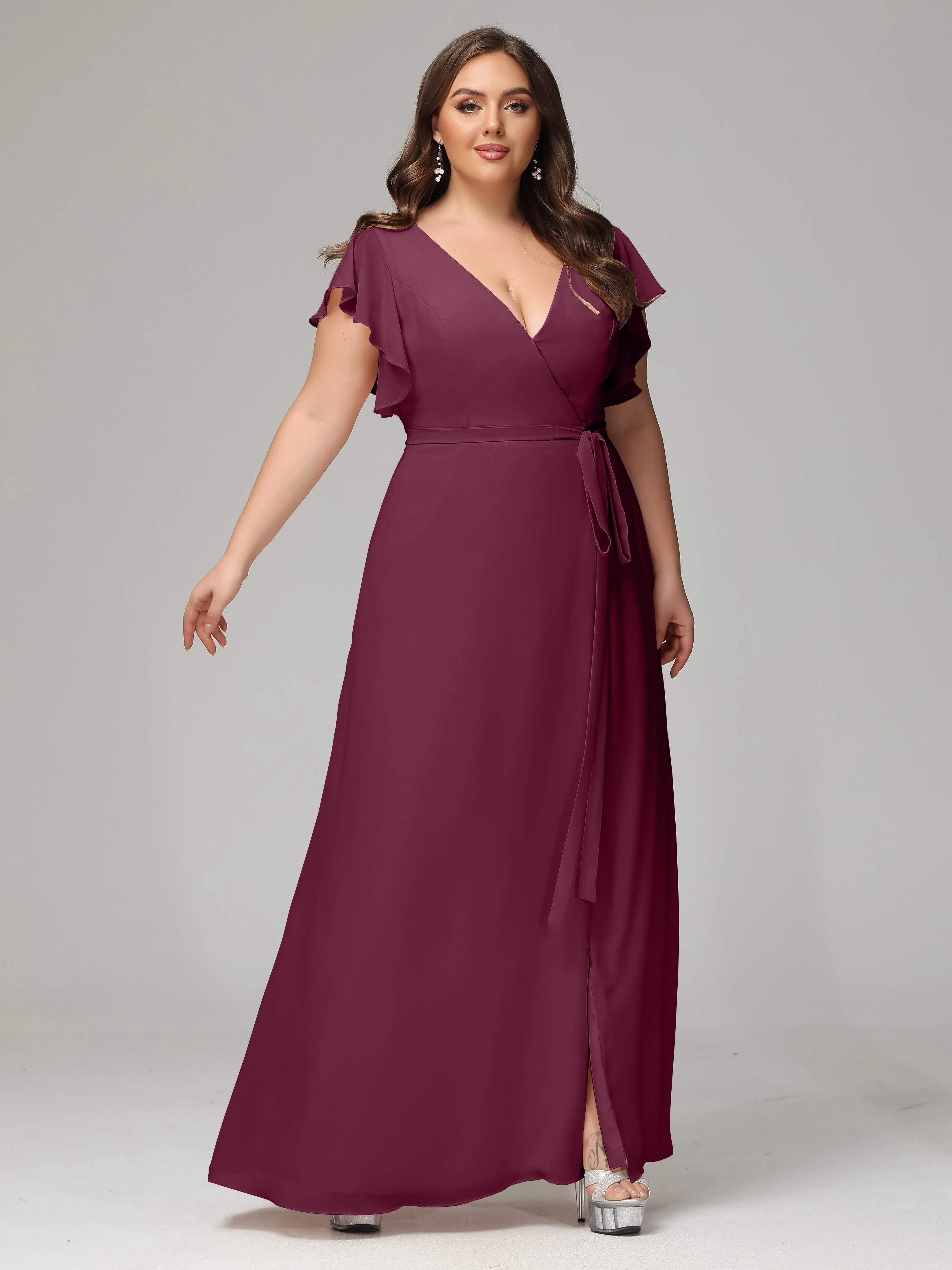 Ruffles Sleeves Chiffon Plus Size Bridesmaid Dresses