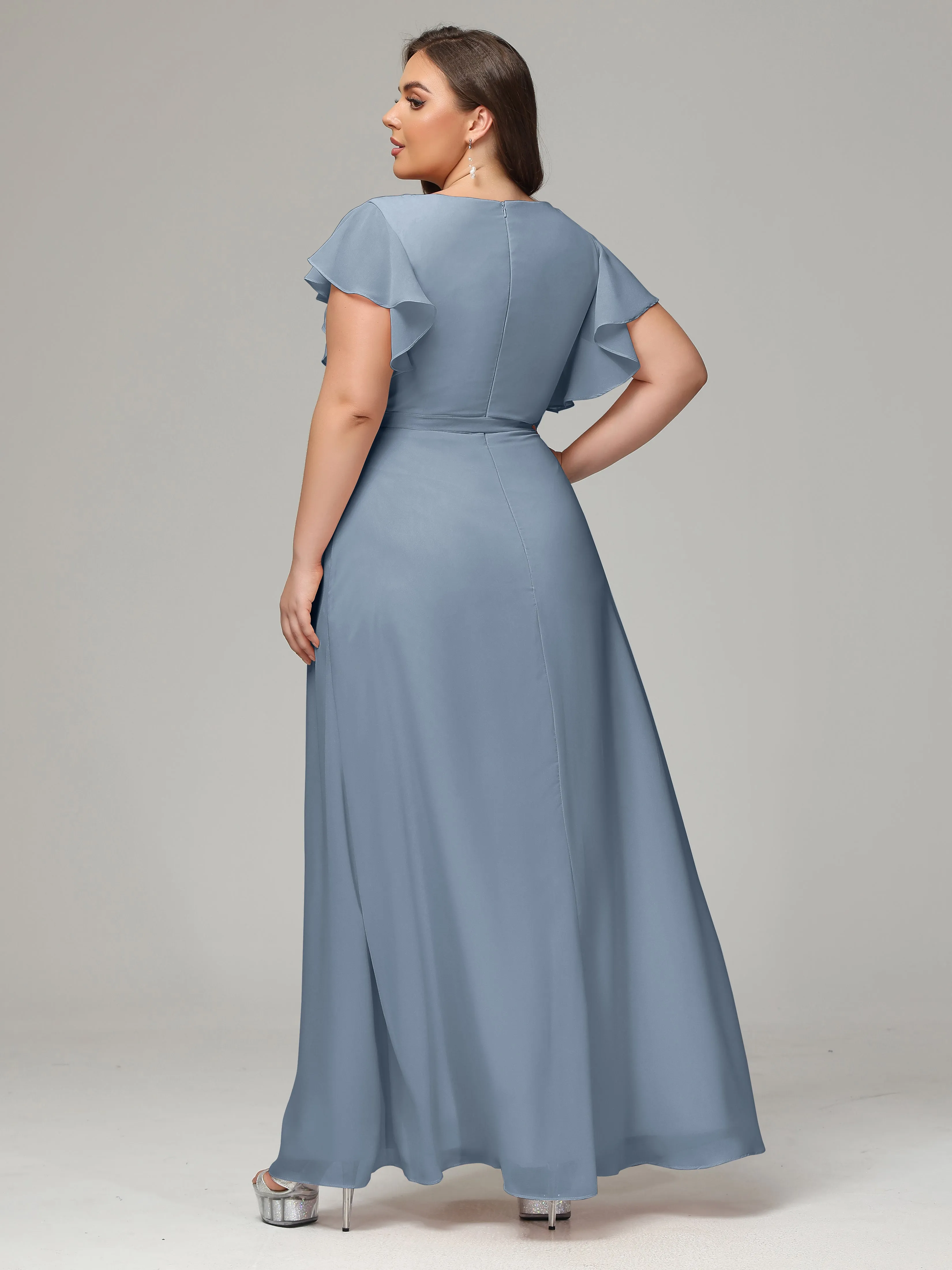 Ruffles Sleeves Chiffon Plus Size Bridesmaid Dresses