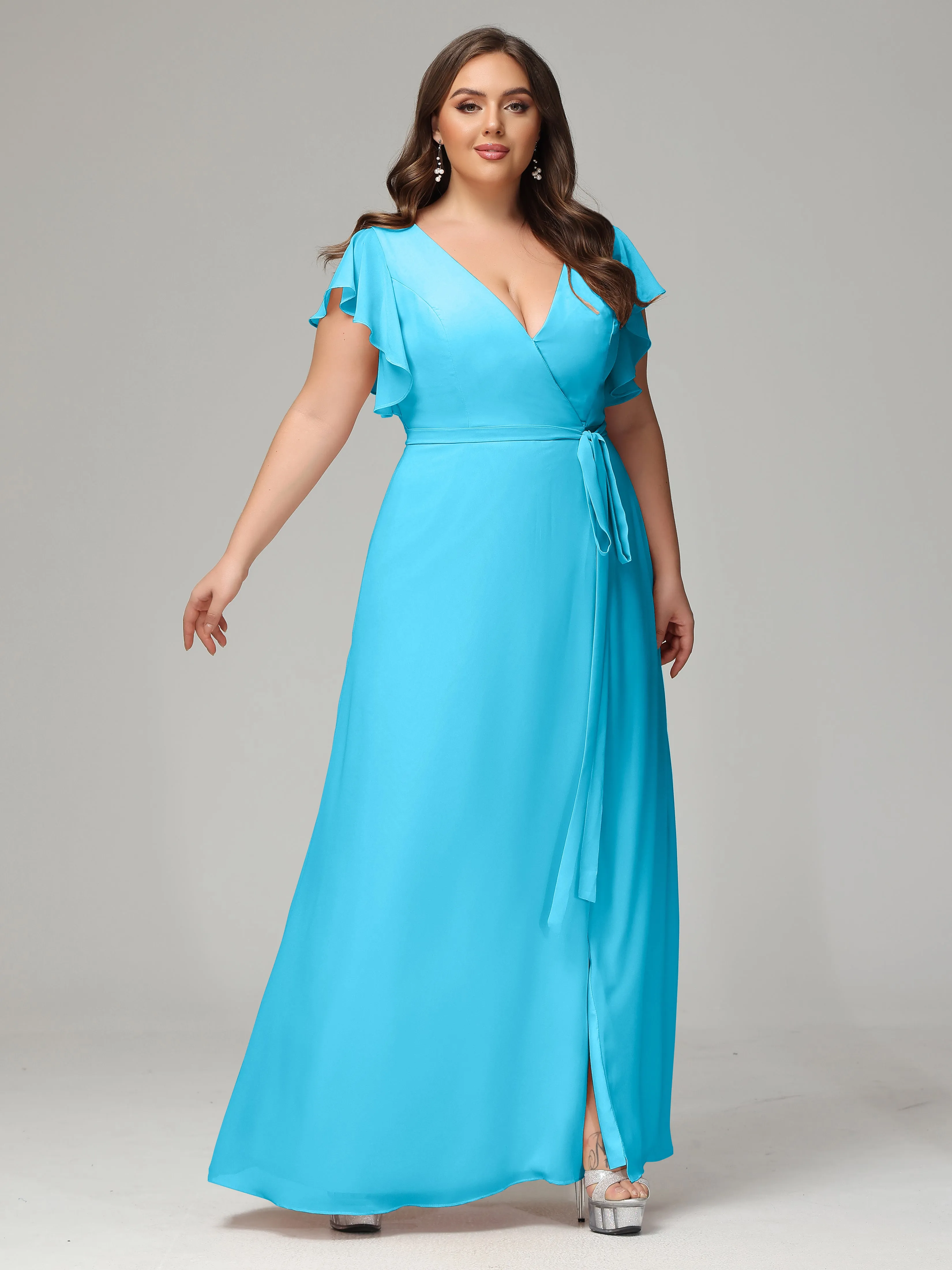 Ruffles Sleeves Chiffon Plus Size Bridesmaid Dresses