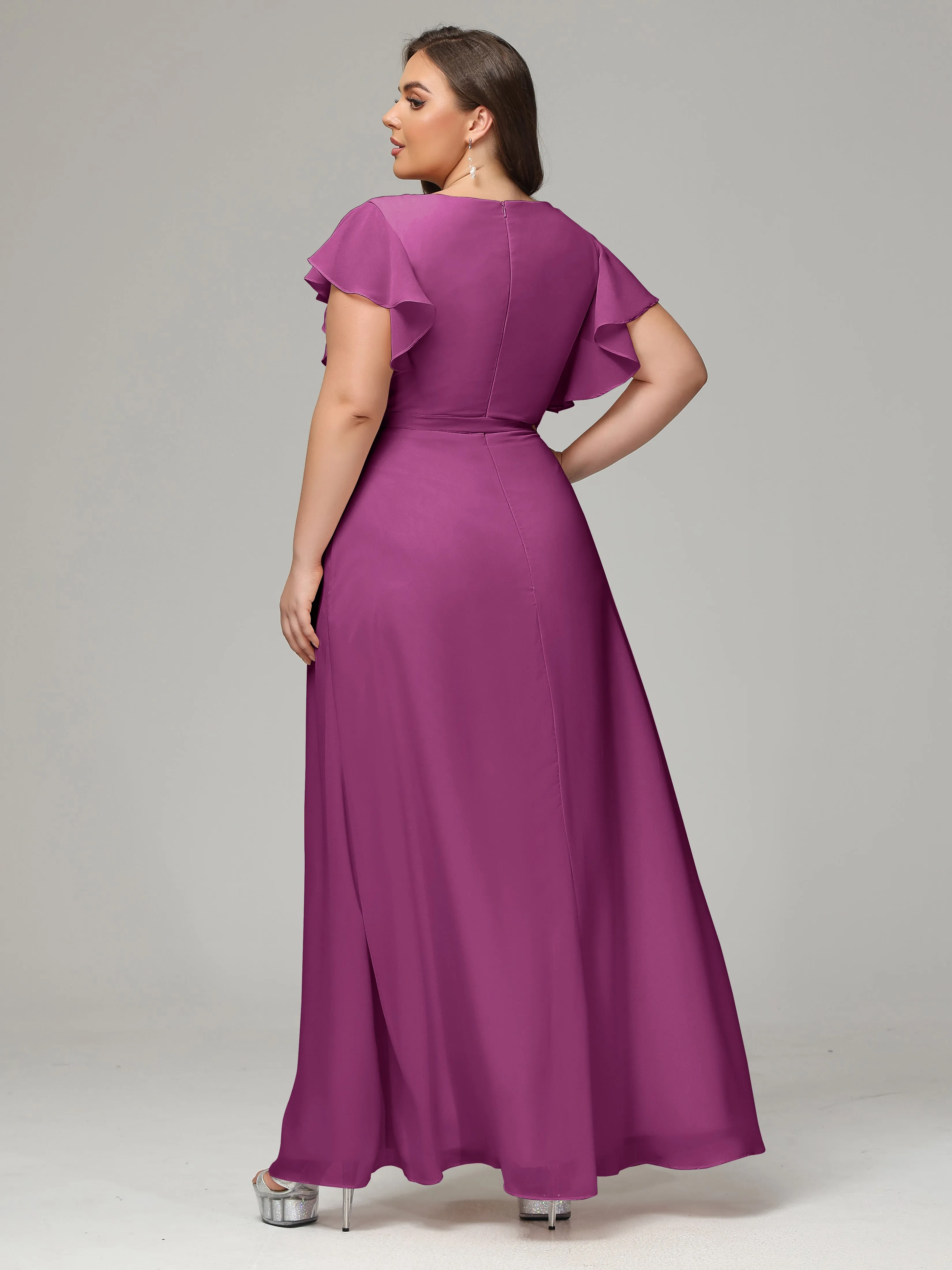 Ruffles Sleeves Chiffon Plus Size Bridesmaid Dresses