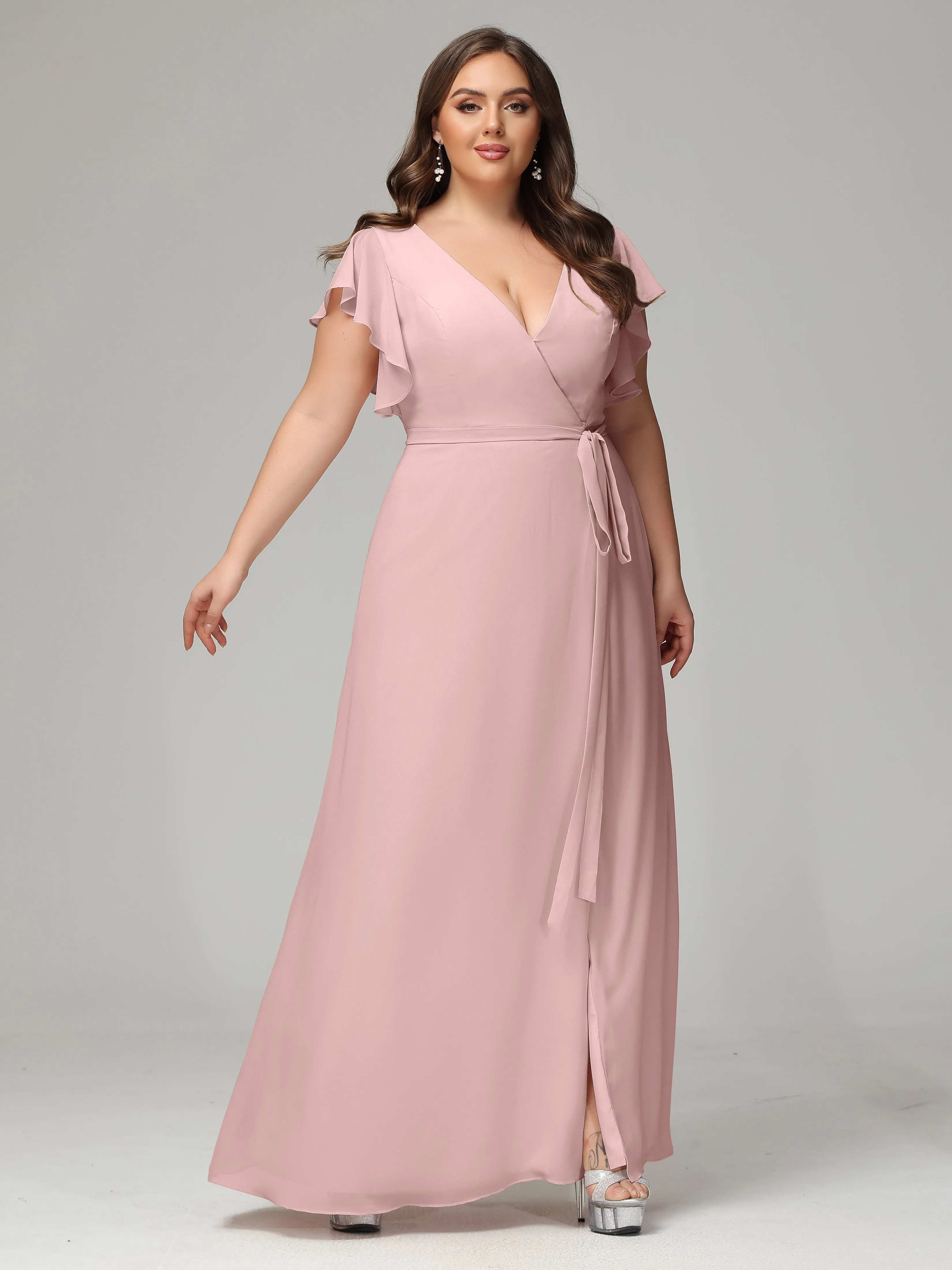 Ruffles Sleeves Chiffon Plus Size Bridesmaid Dresses