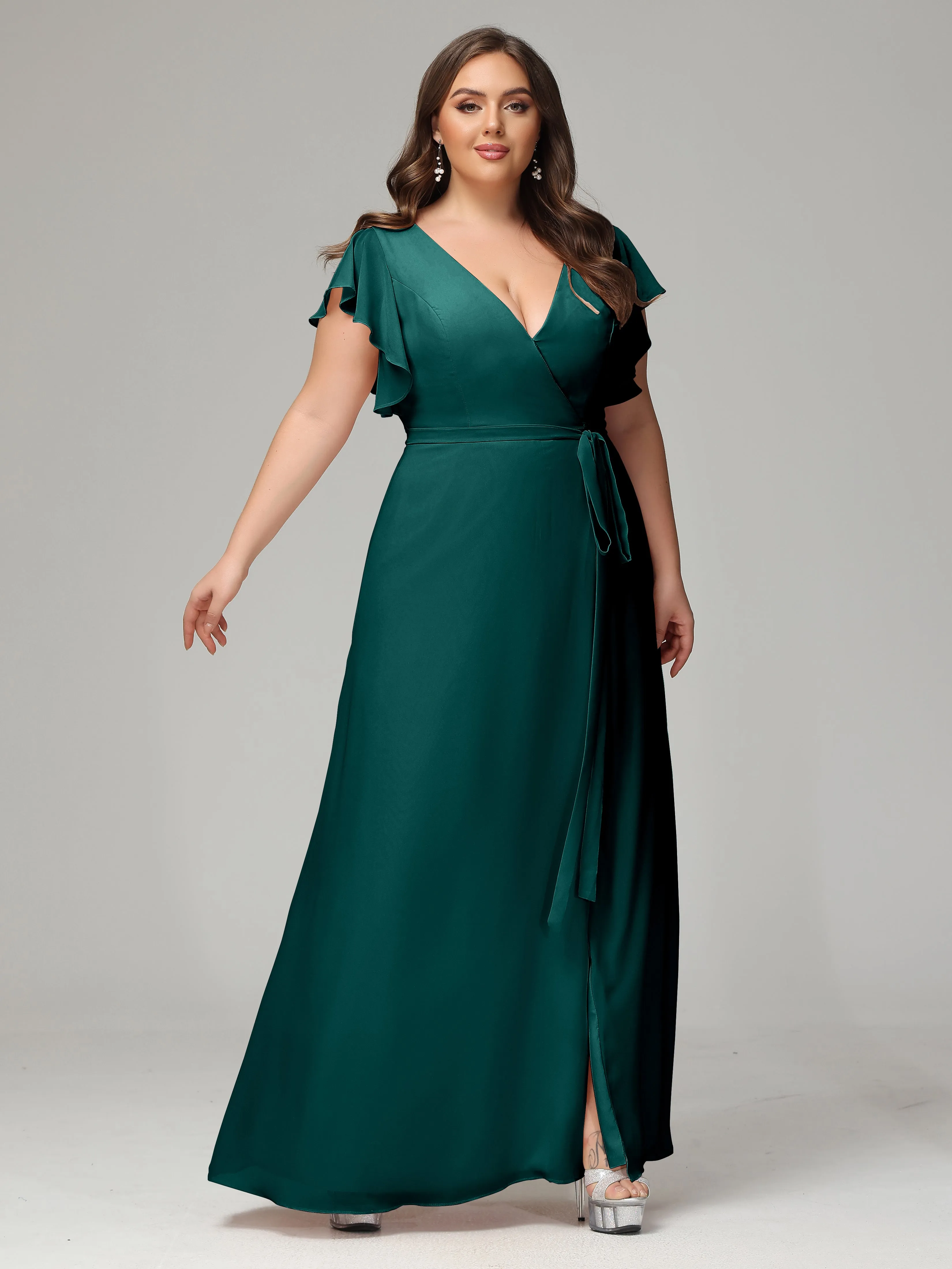 Ruffles Sleeves Chiffon Plus Size Bridesmaid Dresses