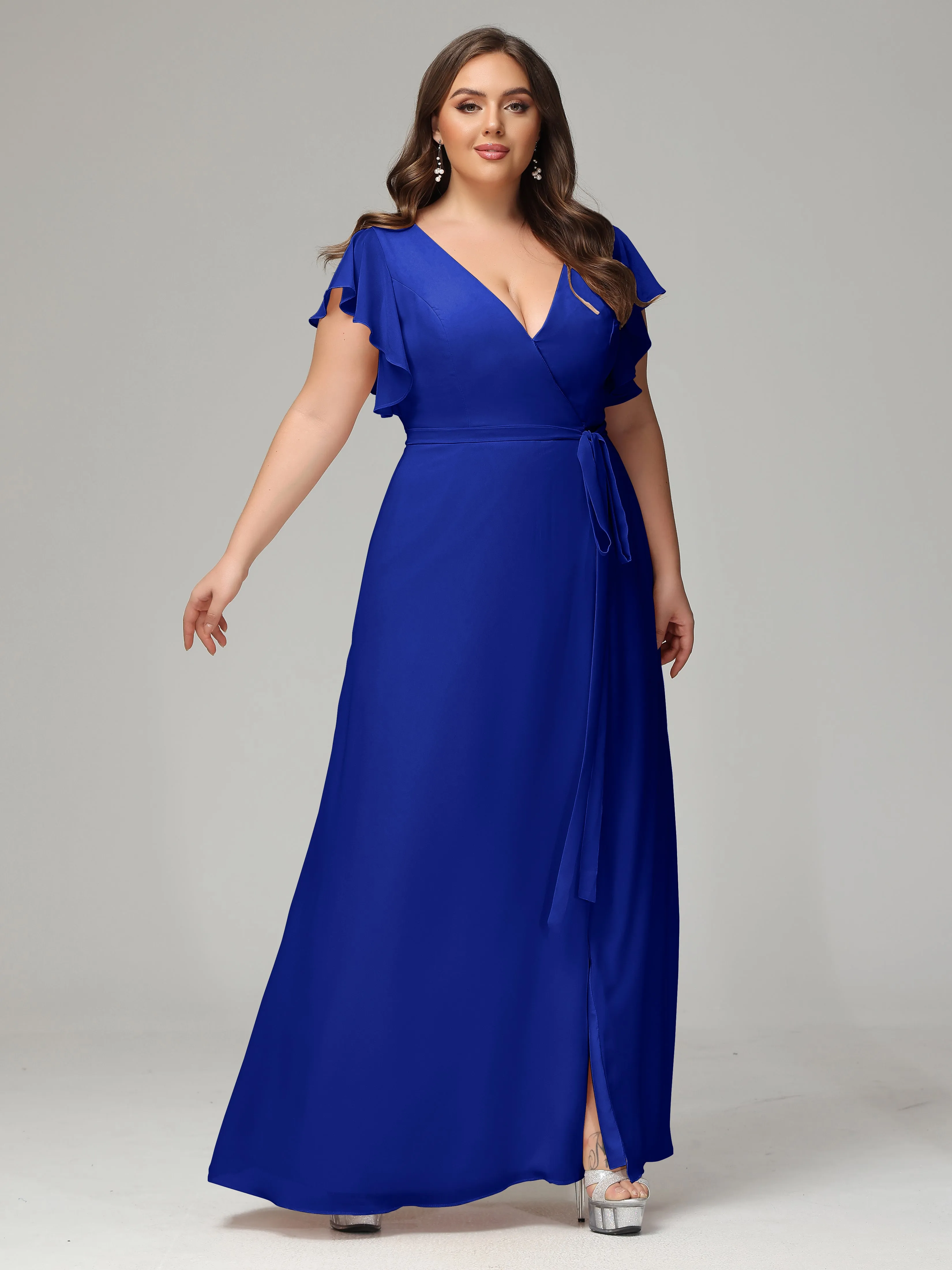 Ruffles Sleeves Chiffon Plus Size Bridesmaid Dresses