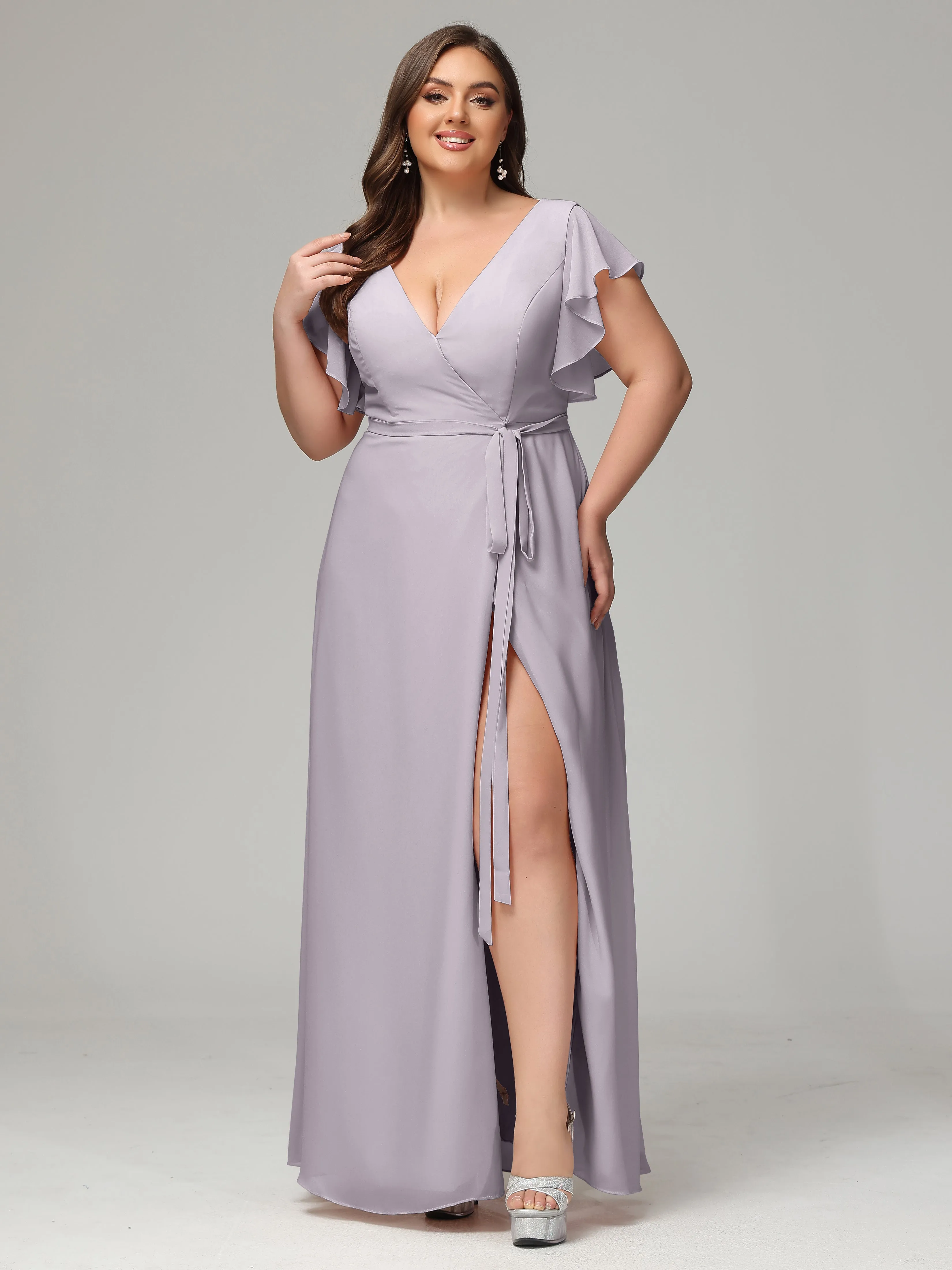 Ruffles Sleeves Chiffon Plus Size Bridesmaid Dresses