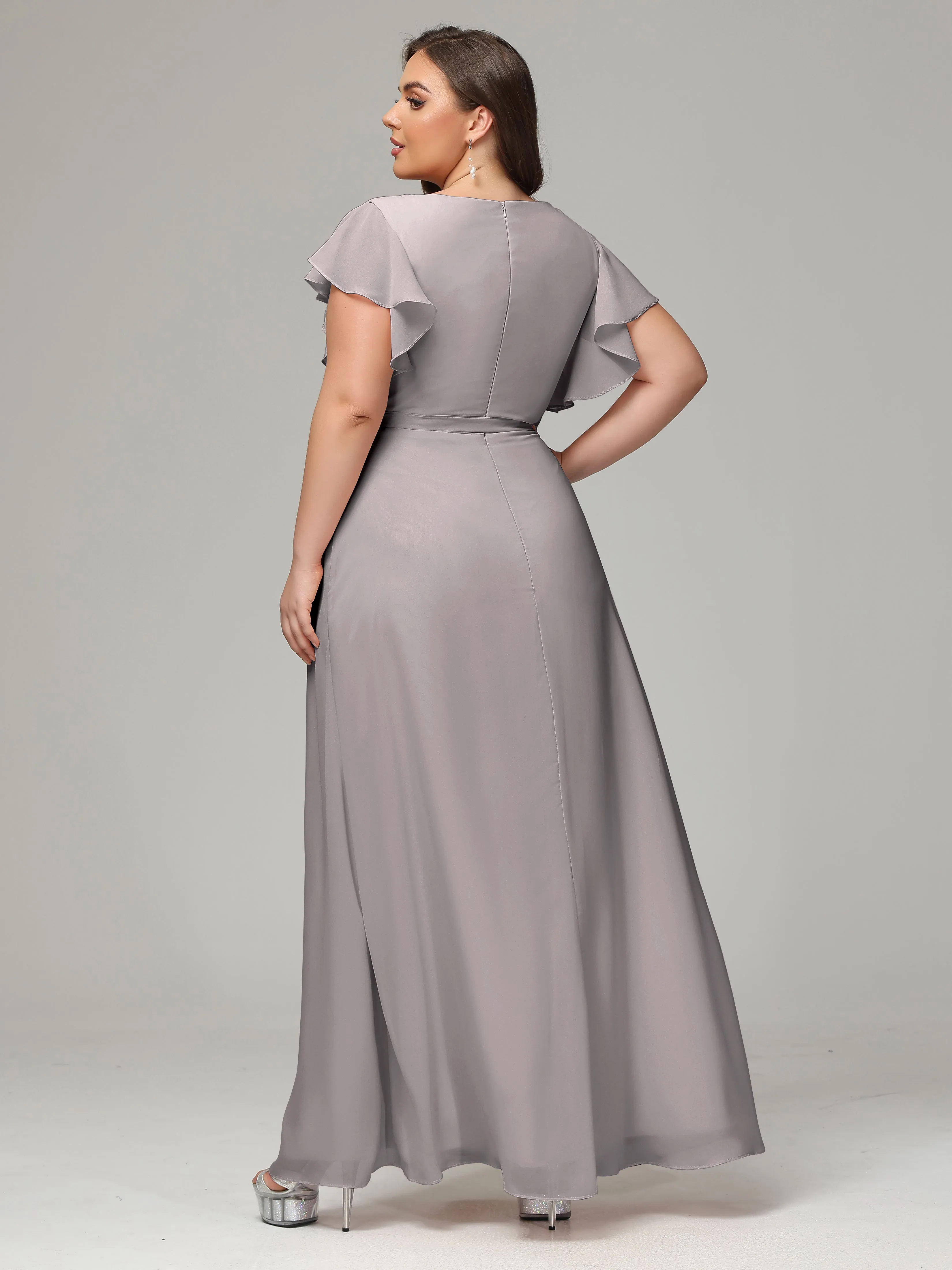 Ruffles Sleeves Chiffon Plus Size Bridesmaid Dresses