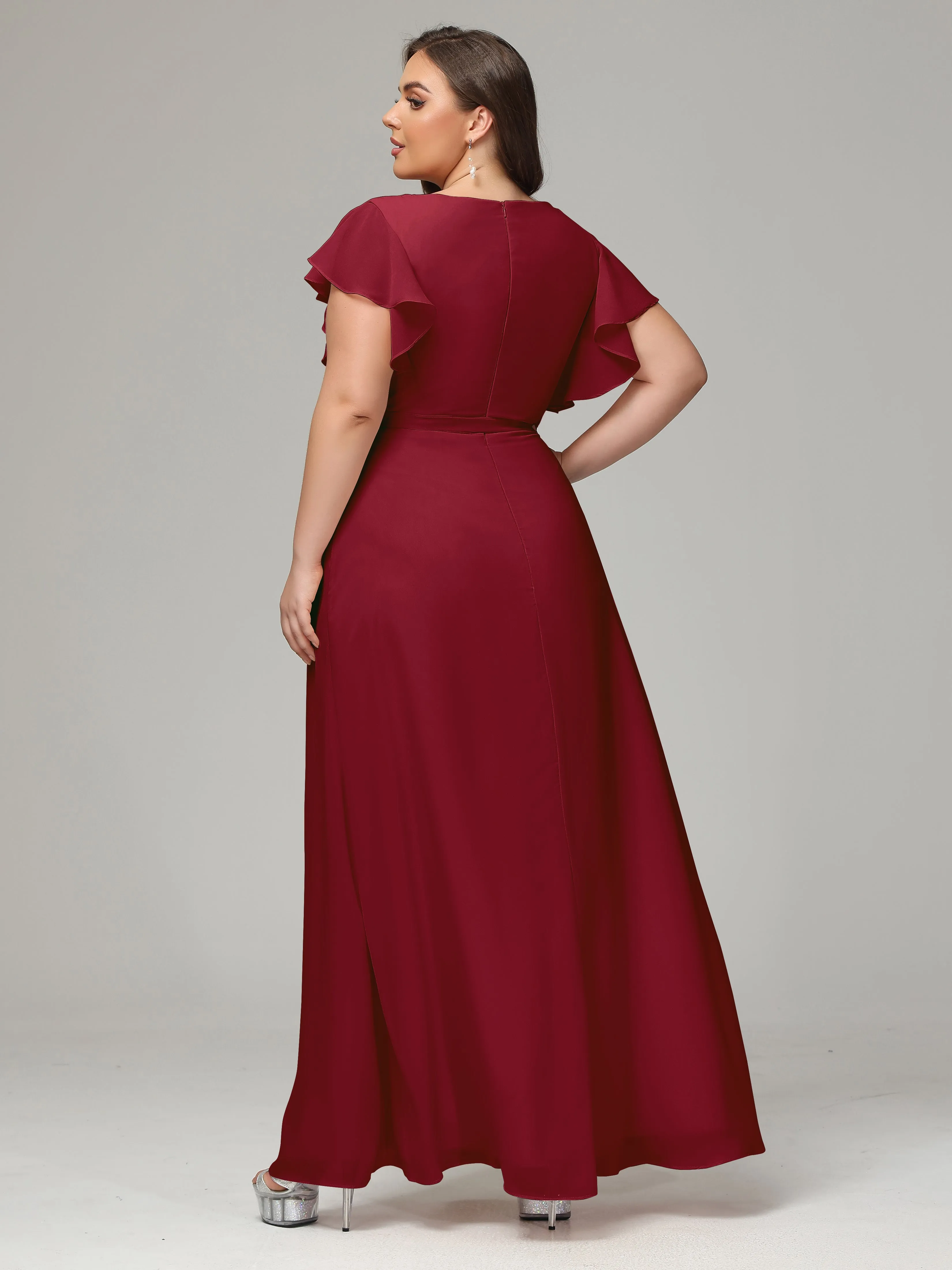 Ruffles Sleeves Chiffon Plus Size Bridesmaid Dresses