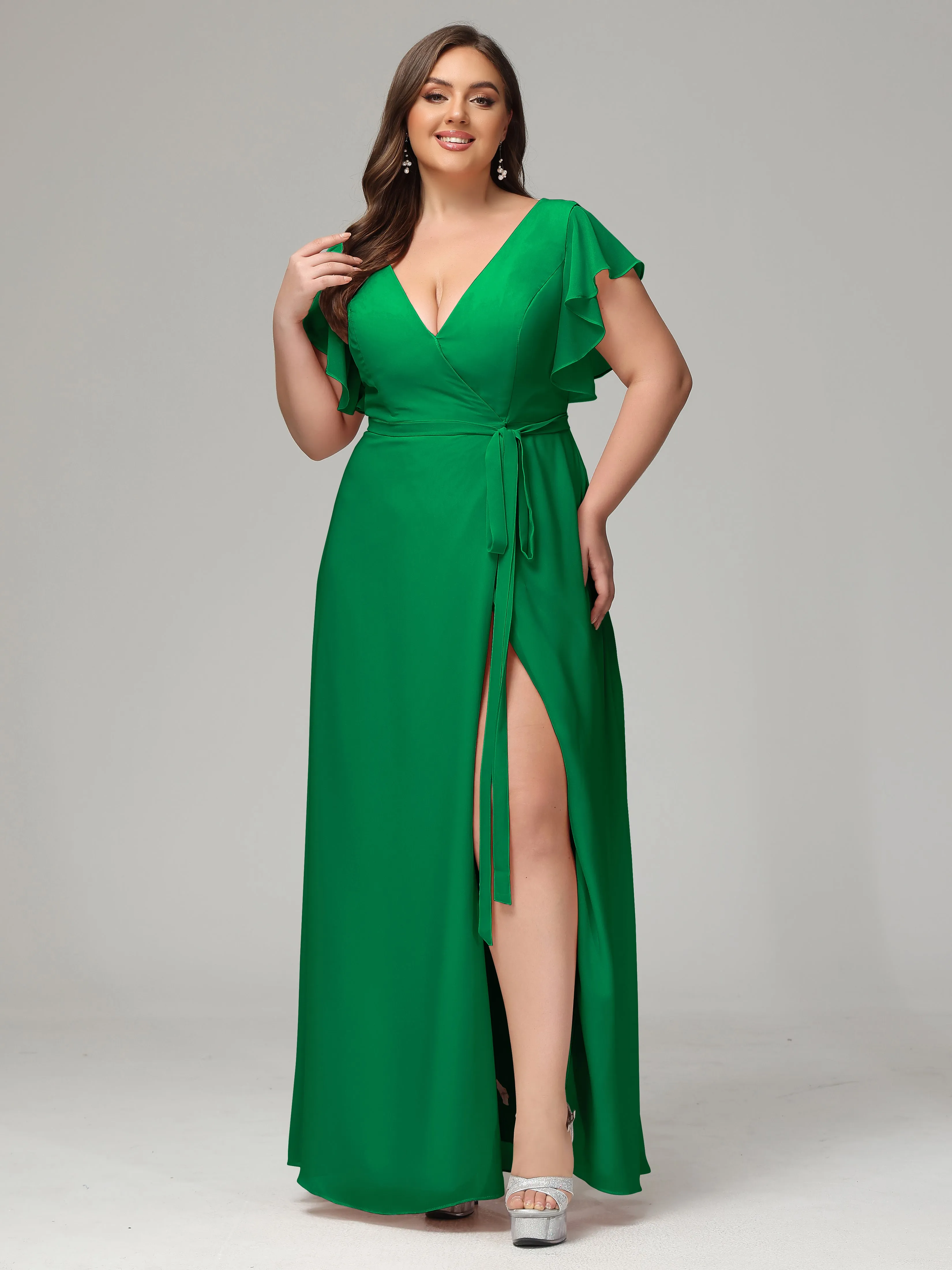 Ruffles Sleeves Chiffon Plus Size Bridesmaid Dresses