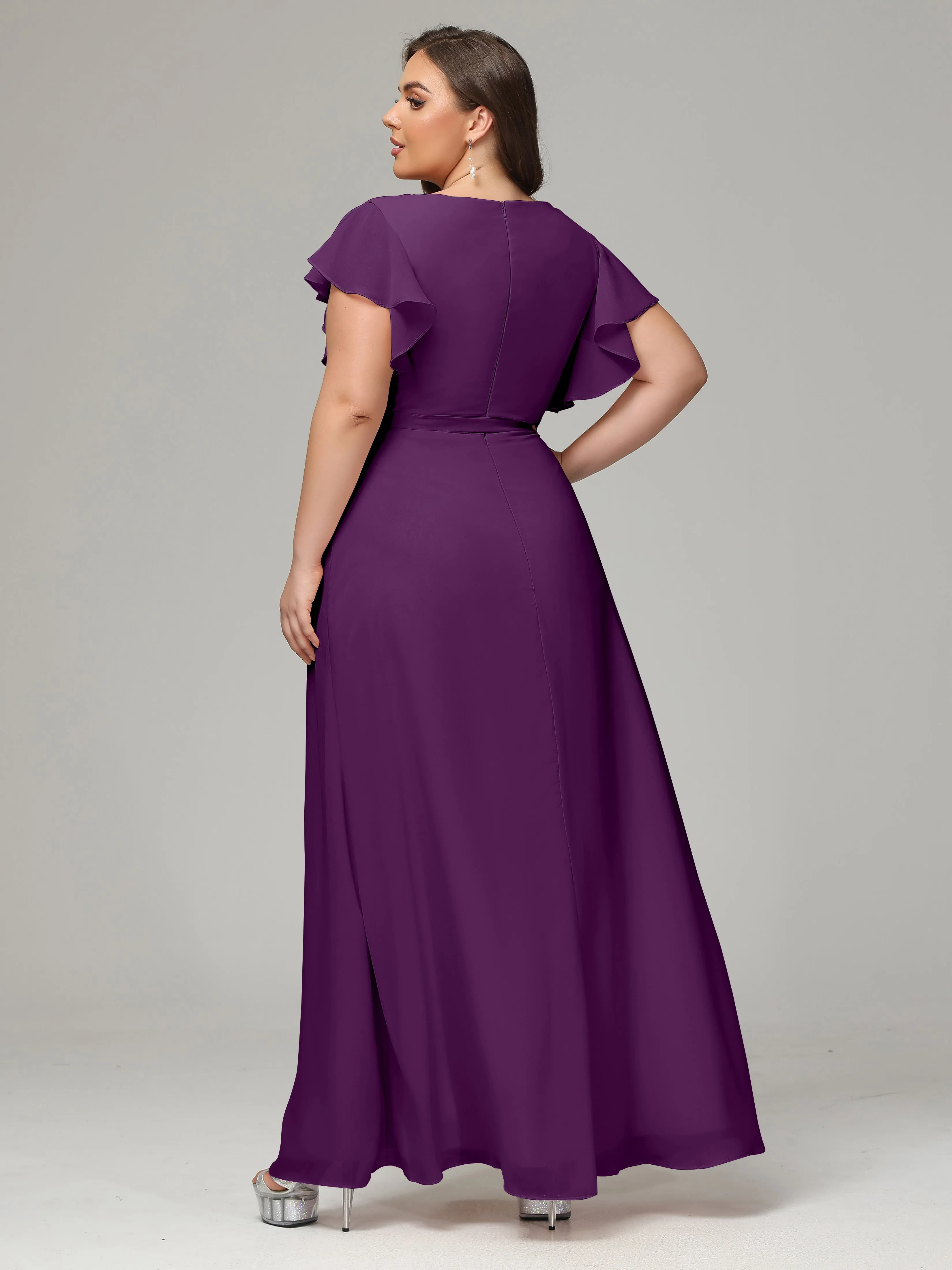 Ruffles Sleeves Chiffon Plus Size Bridesmaid Dresses