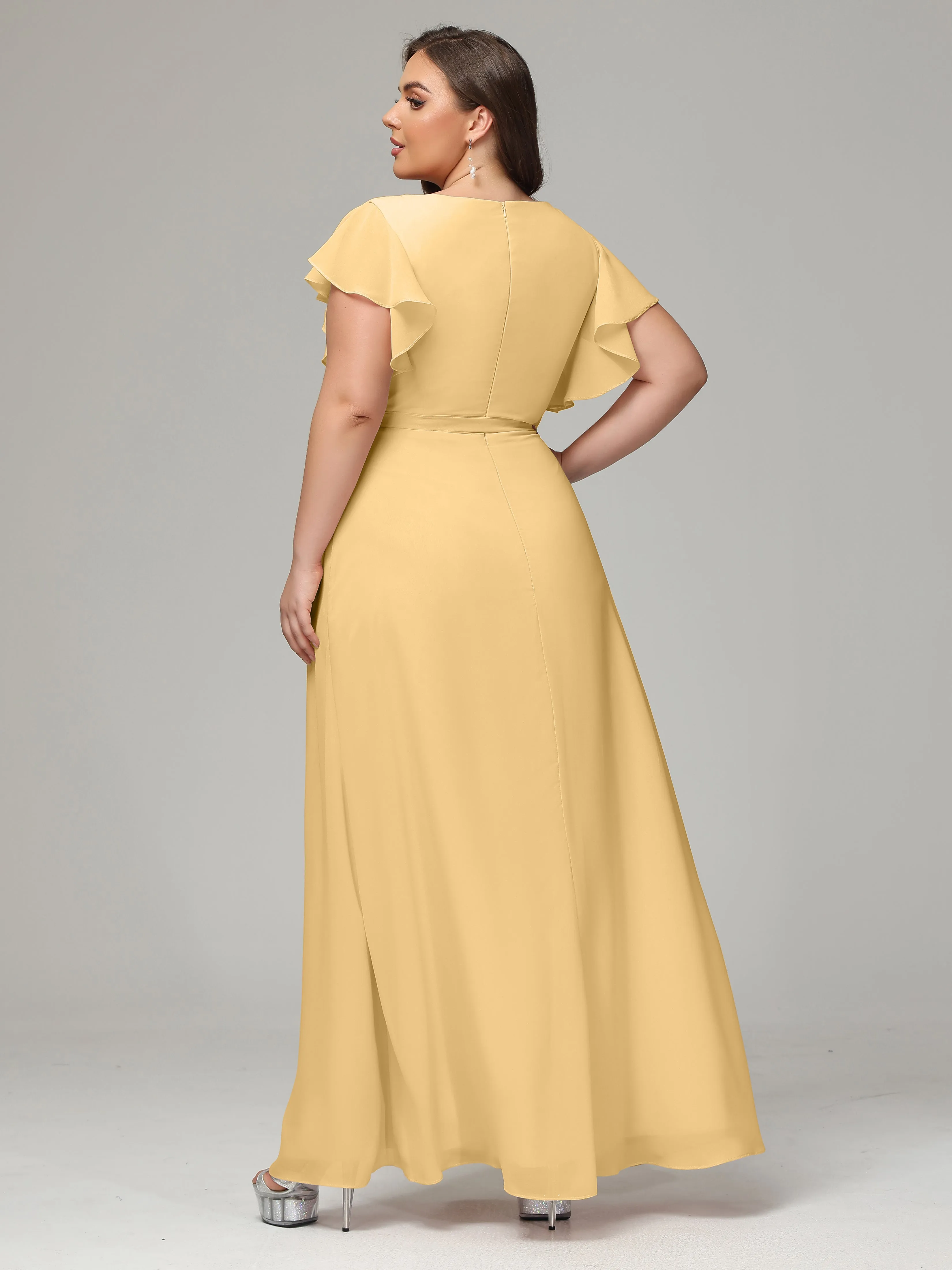 Ruffles Sleeves Chiffon Plus Size Bridesmaid Dresses