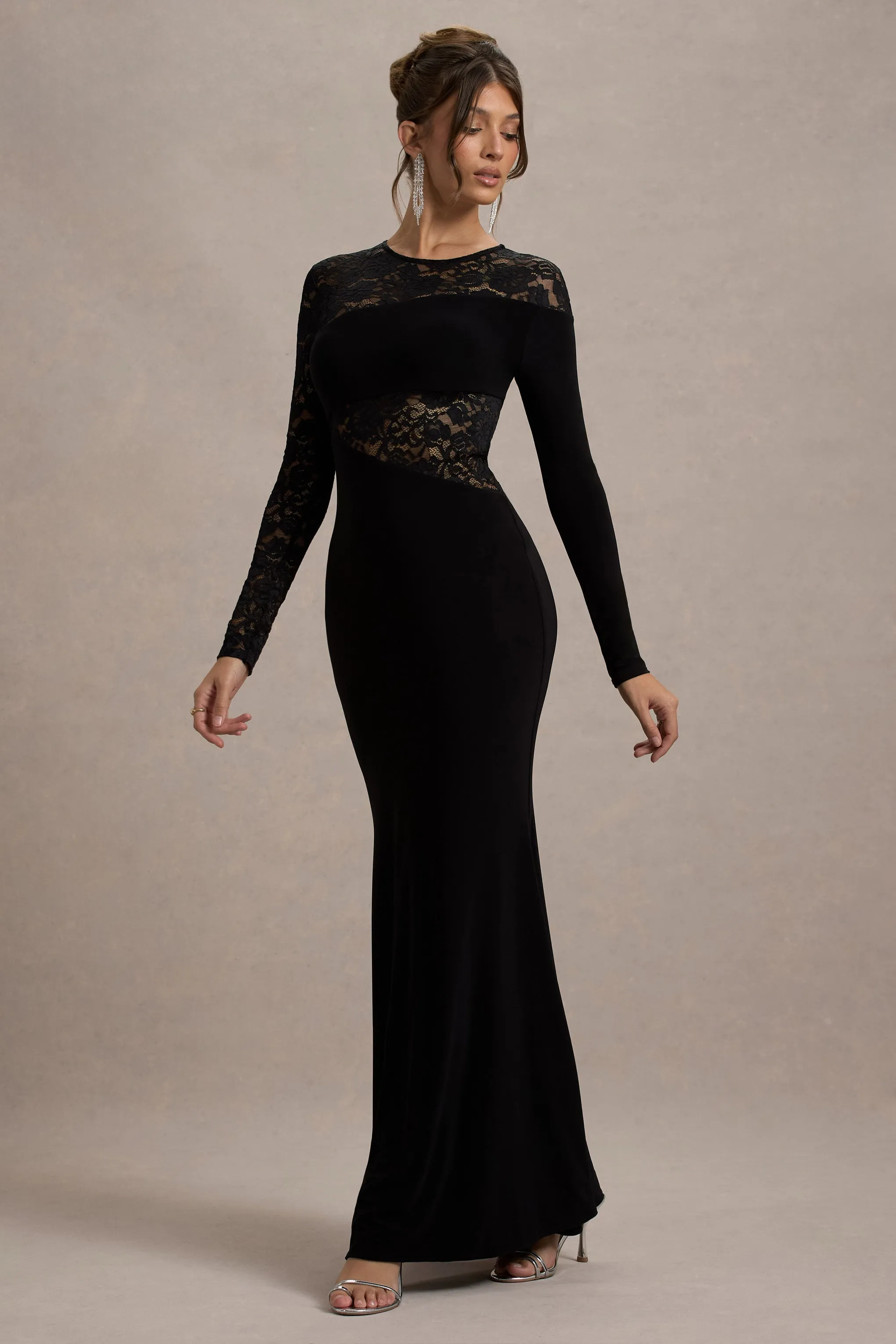 Runway | Black Lace Asymmetric Cut-Out Maxi Dress