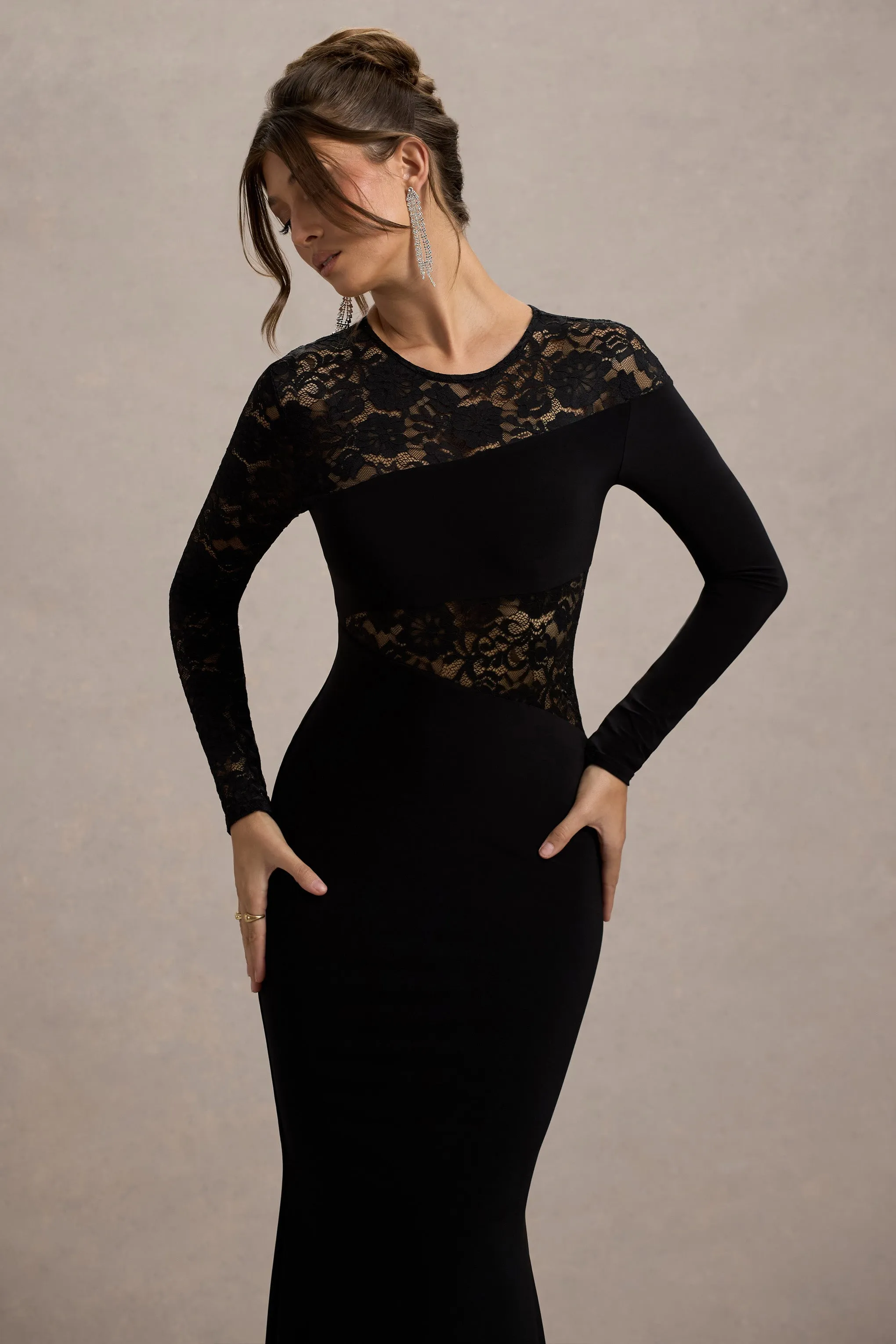 Runway | Black Lace Asymmetric Cut-Out Maxi Dress